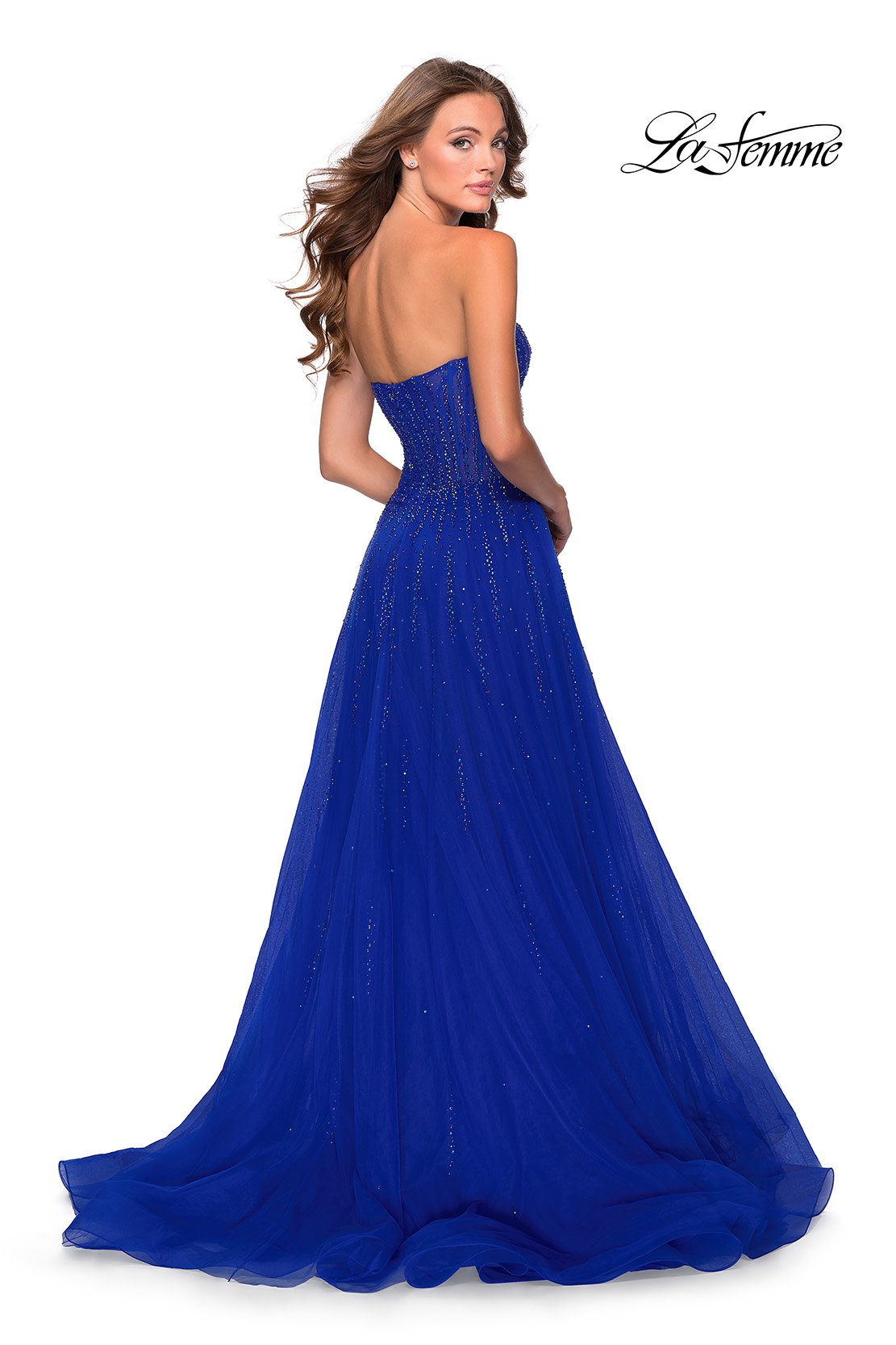 La Femme 28603 prom dress images. La Femme 28603 is available in these colors: Dark Berry, Dusty Lilac, Royal Blue.