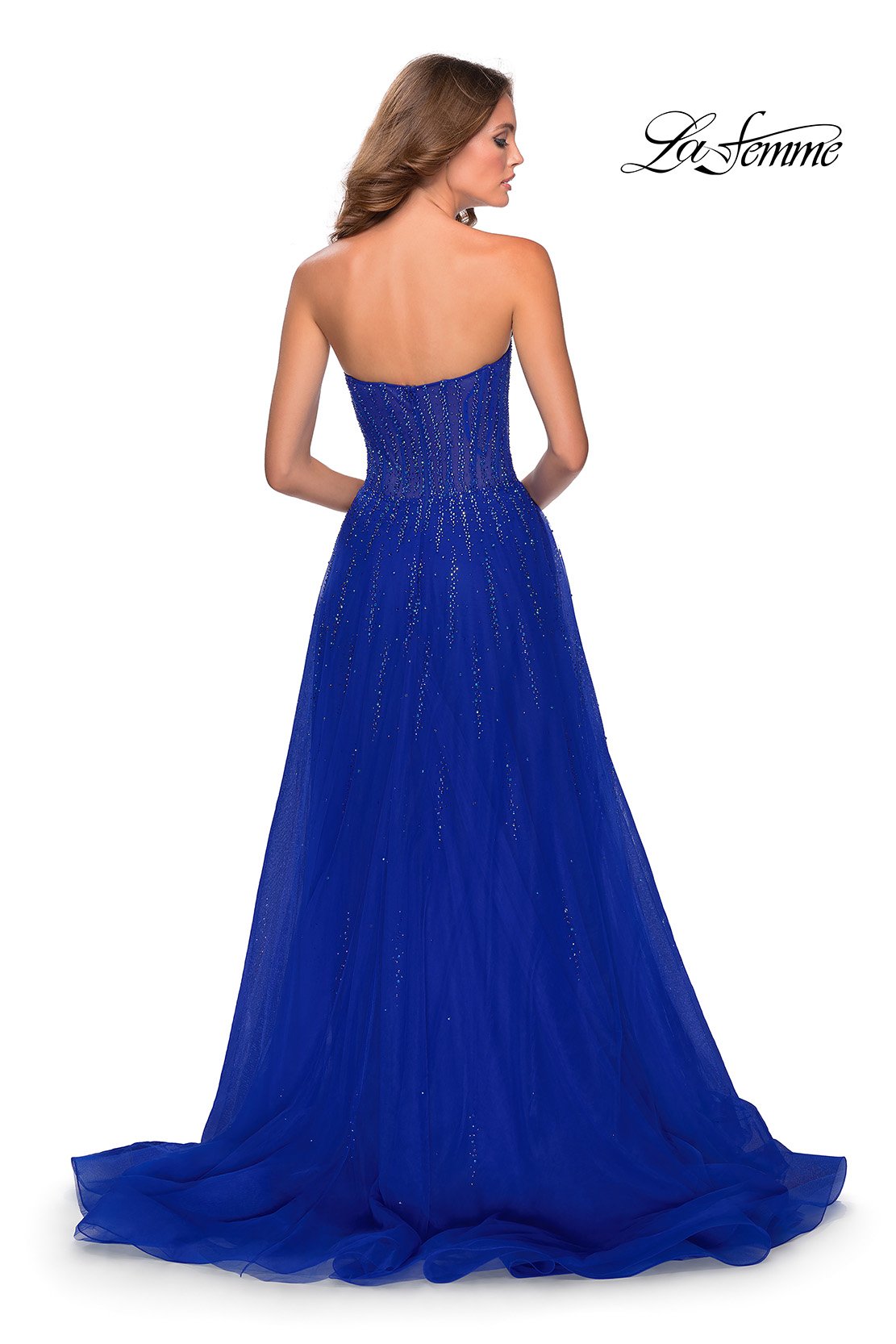 La Femme 28603 prom dress images. La Femme 28603 is available in these colors: Dark Berry, Dusty Lilac, Royal Blue.
