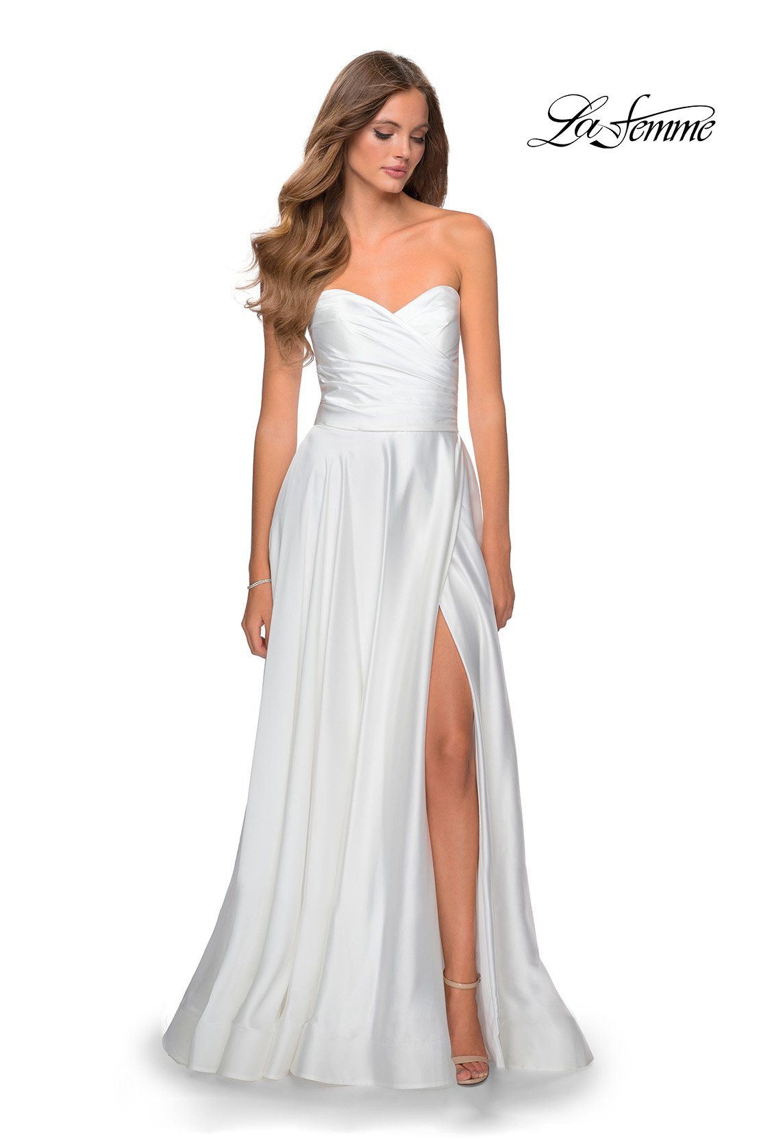 La Femme 28608 prom dress images. La Femme 28608 is available in these colors: Blush, Emerald, Navy, Pale Yellow, Peach, Silver, White, Wine.