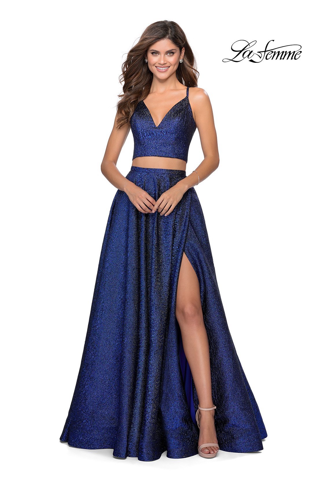 La Femme 28618 prom dress images. La Femme 28618 is available in these colors: Light Gold, Marine Blue, Mint, Pink.