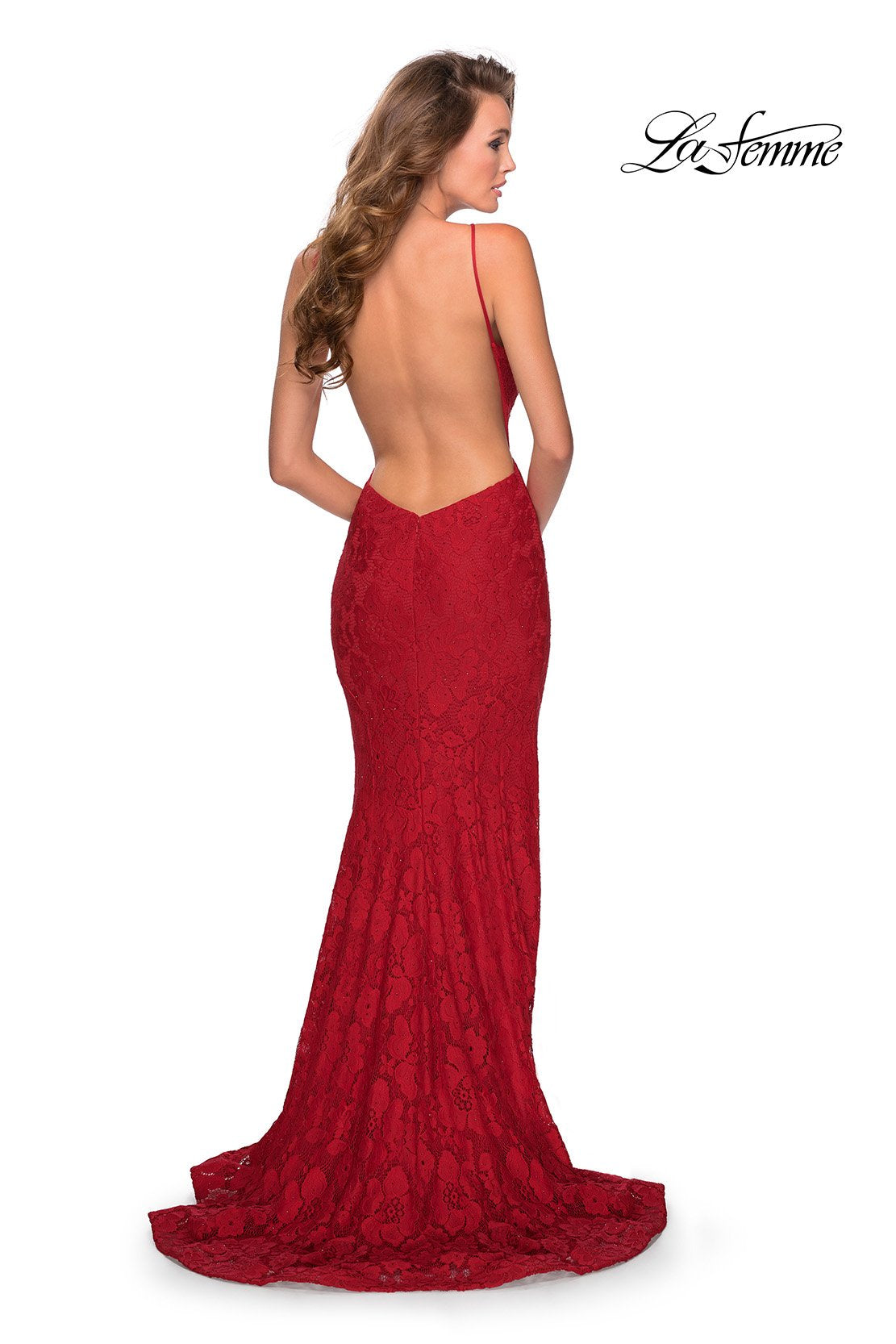 La Femme 28619 prom dress images. La Femme 28619 is available in these colors: Emerald, Navy, Red.