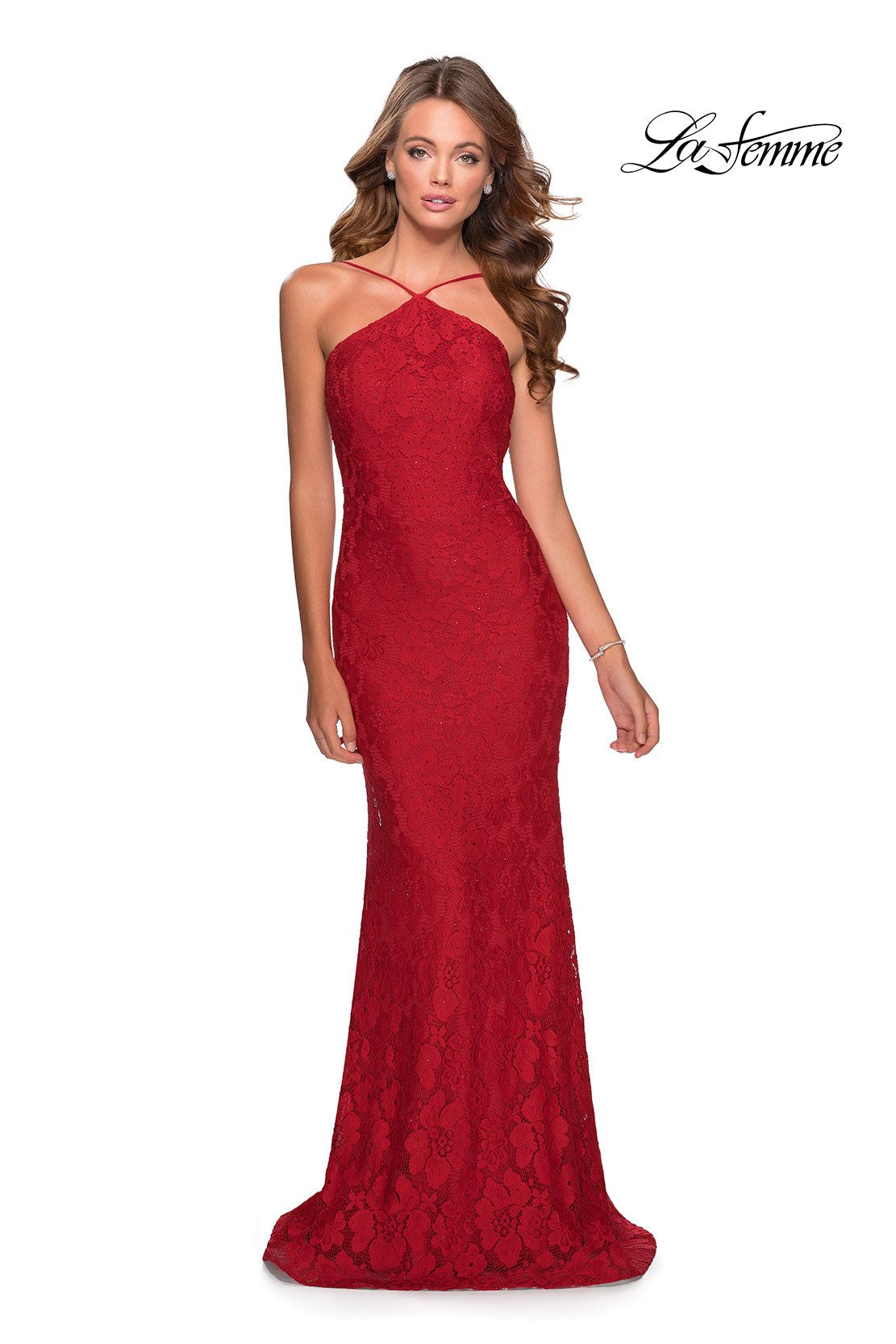 La Femme 28619 prom dress images. La Femme 28619 is available in these colors: Emerald, Navy, Red.