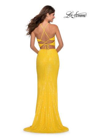 La Femme 28623 prom dress images.  La Femme 28623 is available in these colors: Emerald, Red, Royal Blue, Yellow.