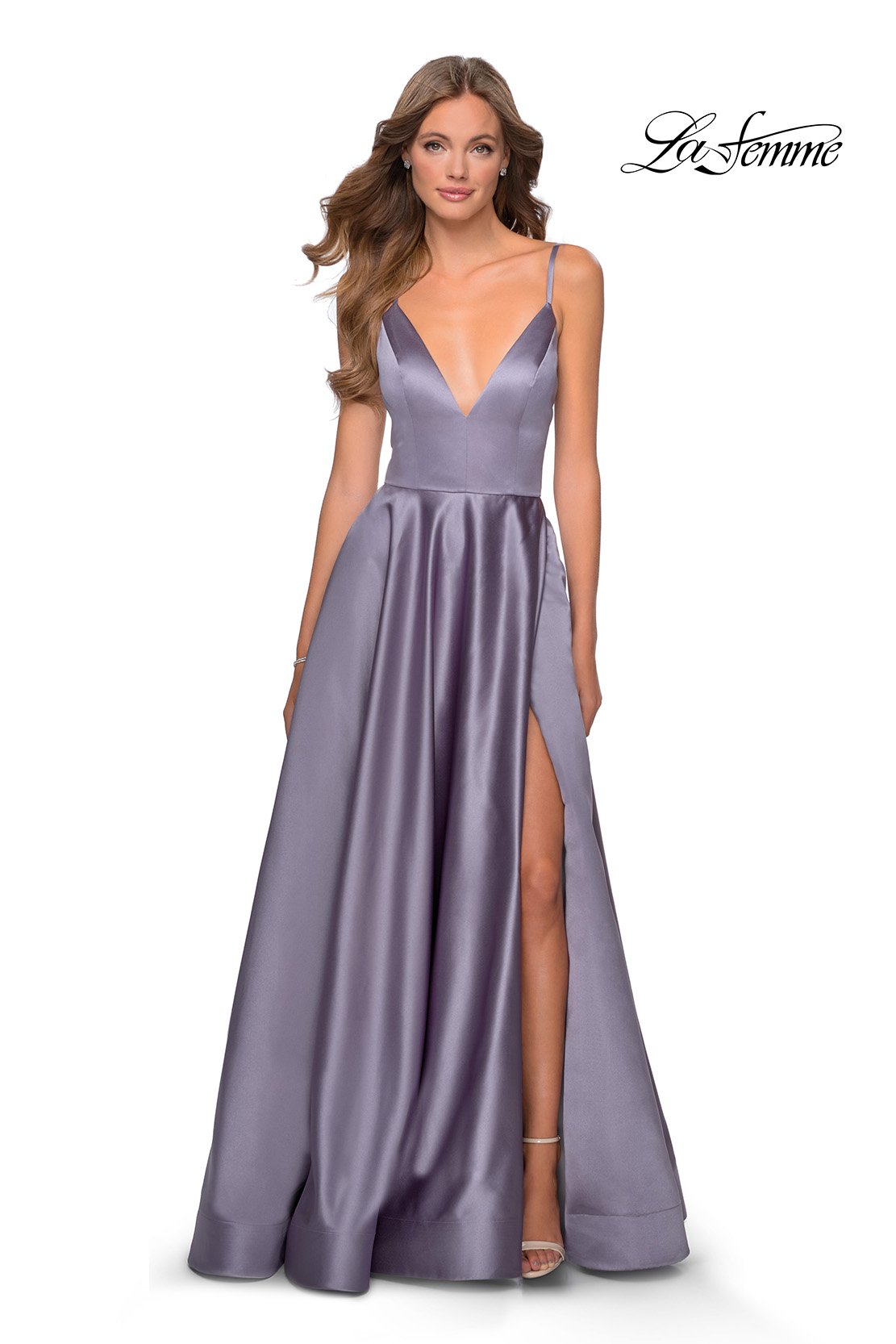 La Femme 28628 prom dress images. La Femme 28628 is available in these colors: Deep Red, Lavender Gray, Pale Yellow, Royal Blue, Royal Purple.