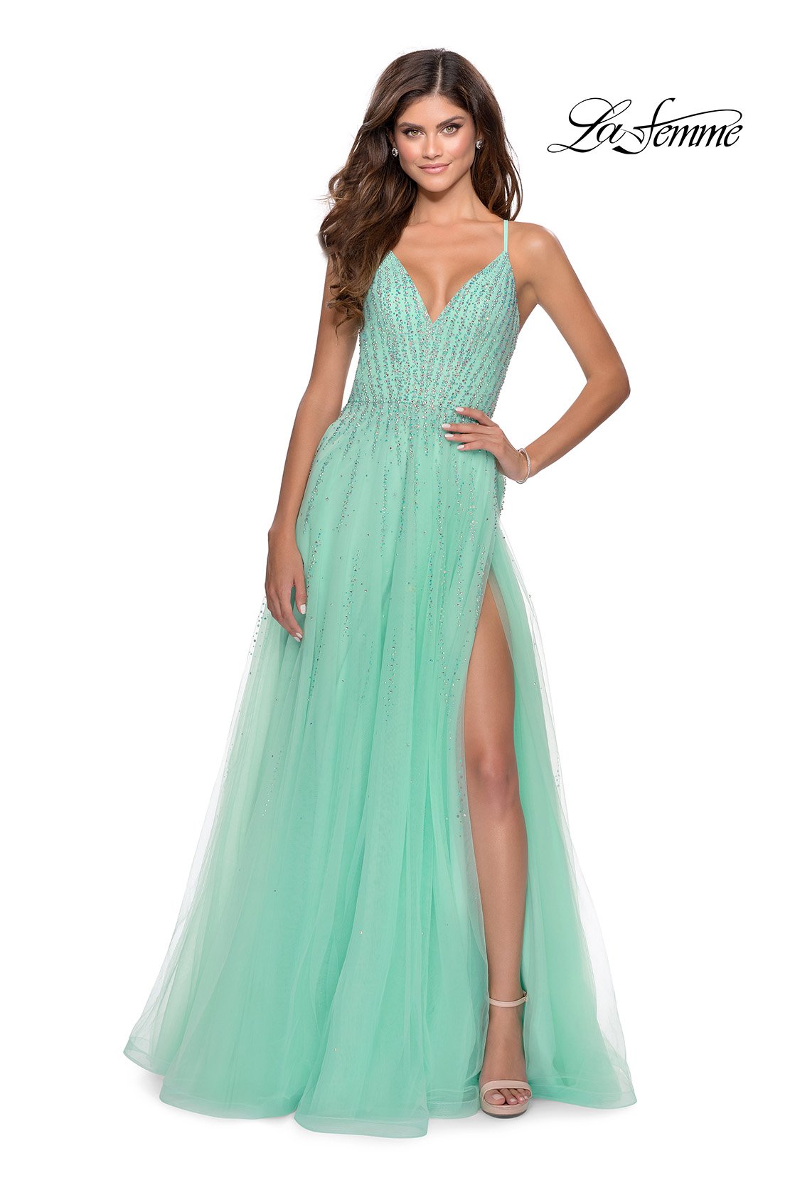 La Femme 28636 prom dress images. La Femme 28636 is available in these colors: Cloud Blue, Mint.