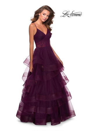 La Femme 28641 prom dress images.  La Femme 28641 is available in these colors: Dark Berry, Lilac Mist.