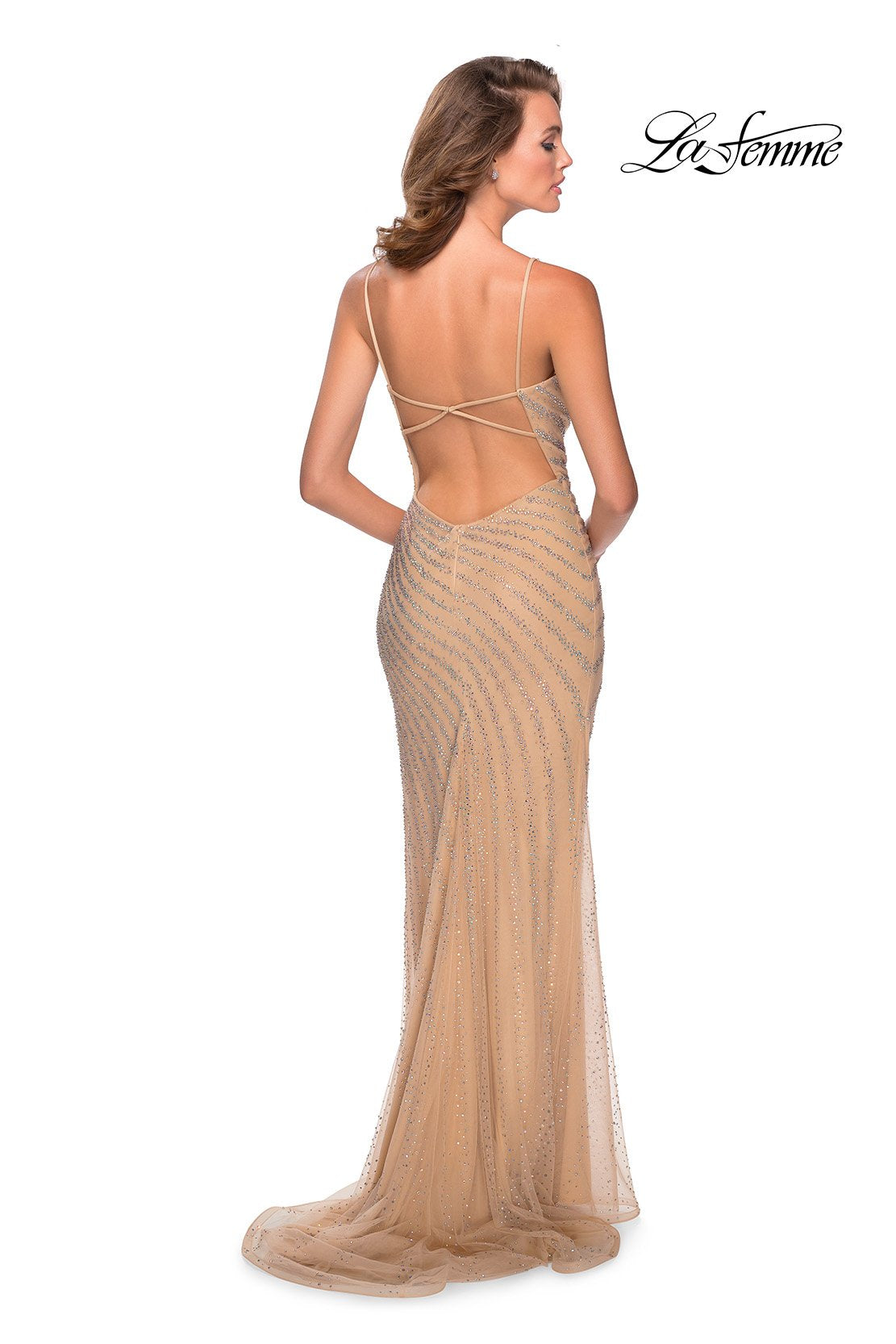 La Femme 28646 prom dress images. La Femme 28646 is available in these colors: Cloud Blue, Nude.