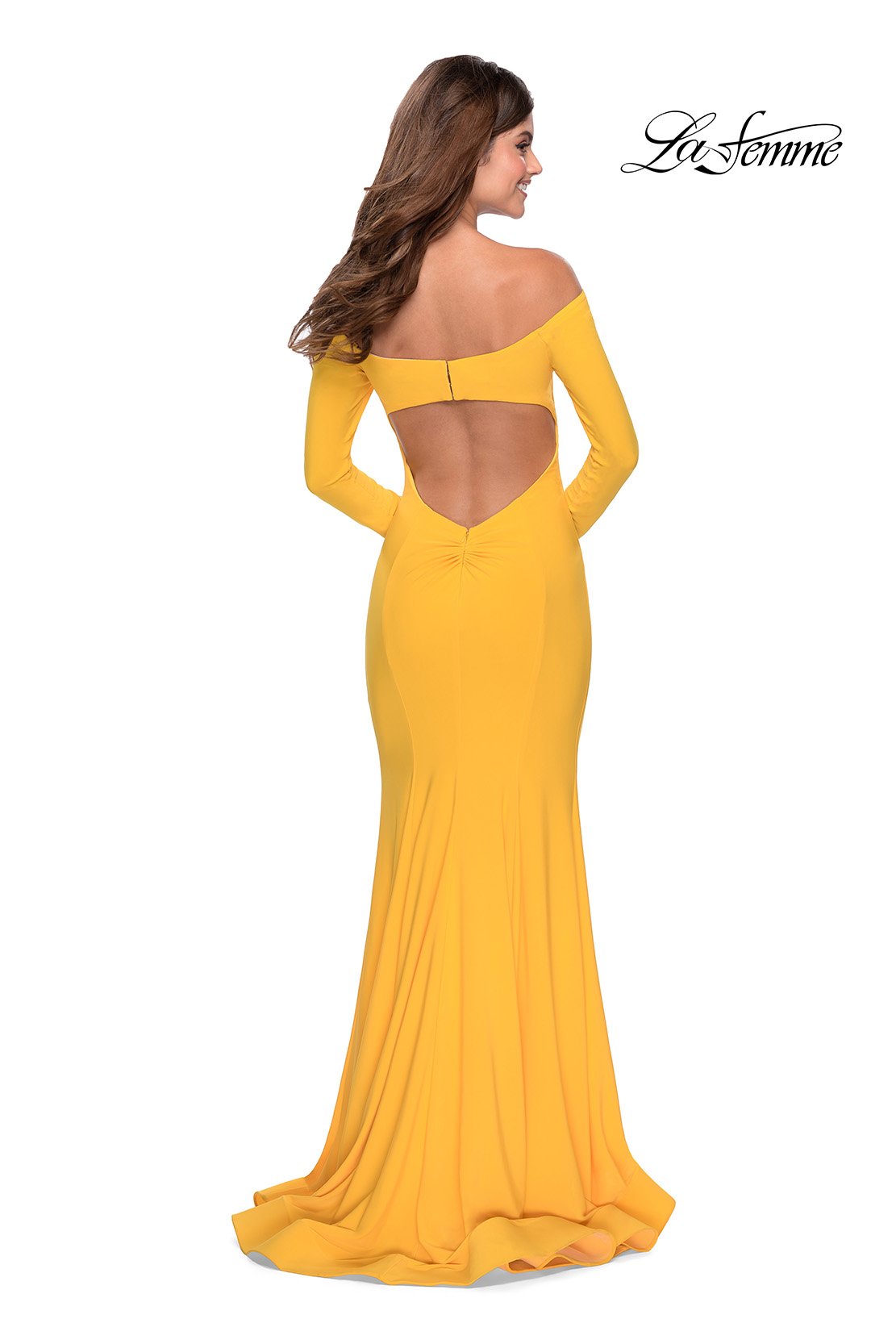 La Femme 28754 prom dress images. La Femme 28754 is available in these colors: Black, Red, Yellow.