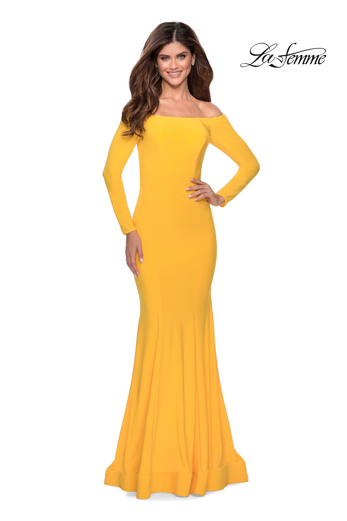 La Femme 28754 prom dress images.  La Femme 28754 is available in these colors: Black, Red, Yellow.
