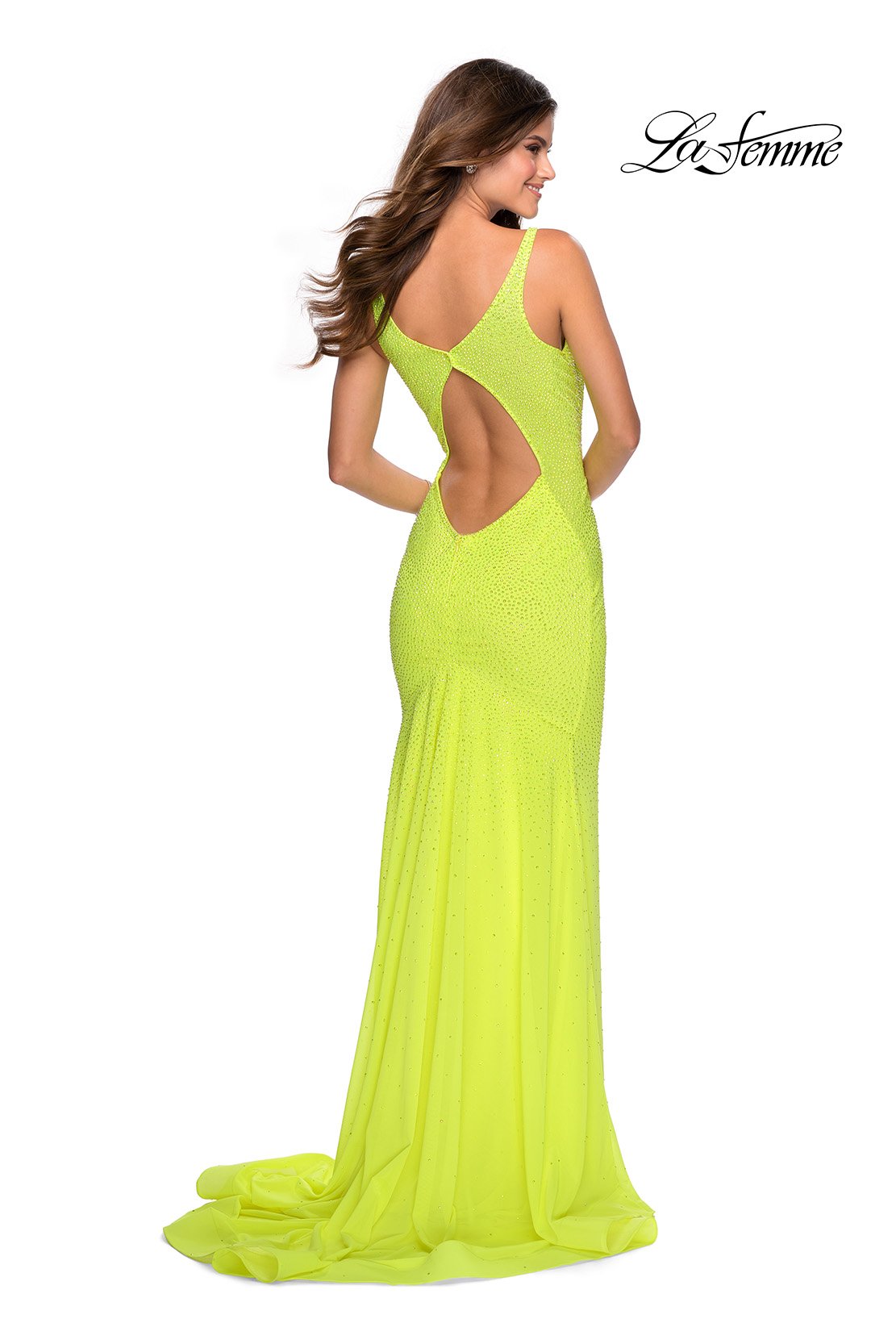 La Femme 28760 prom dress images. La Femme 28760 is available in these colors: Neon Coral, Neon Yellow.
