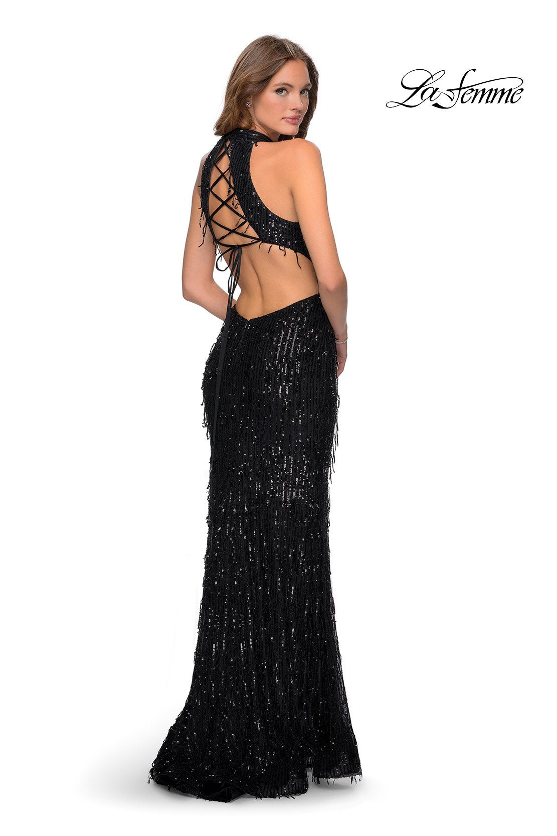 La Femme 28819 prom dress images. La Femme 28819 is available in these colors: Black, Silver.