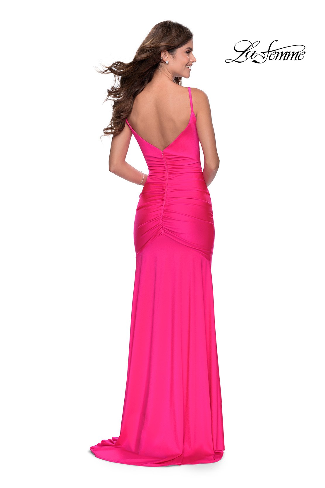 La Femme 28891 prom dress images. La Femme 28891 is available in these colors: Neon Pink, Neon Yellow.