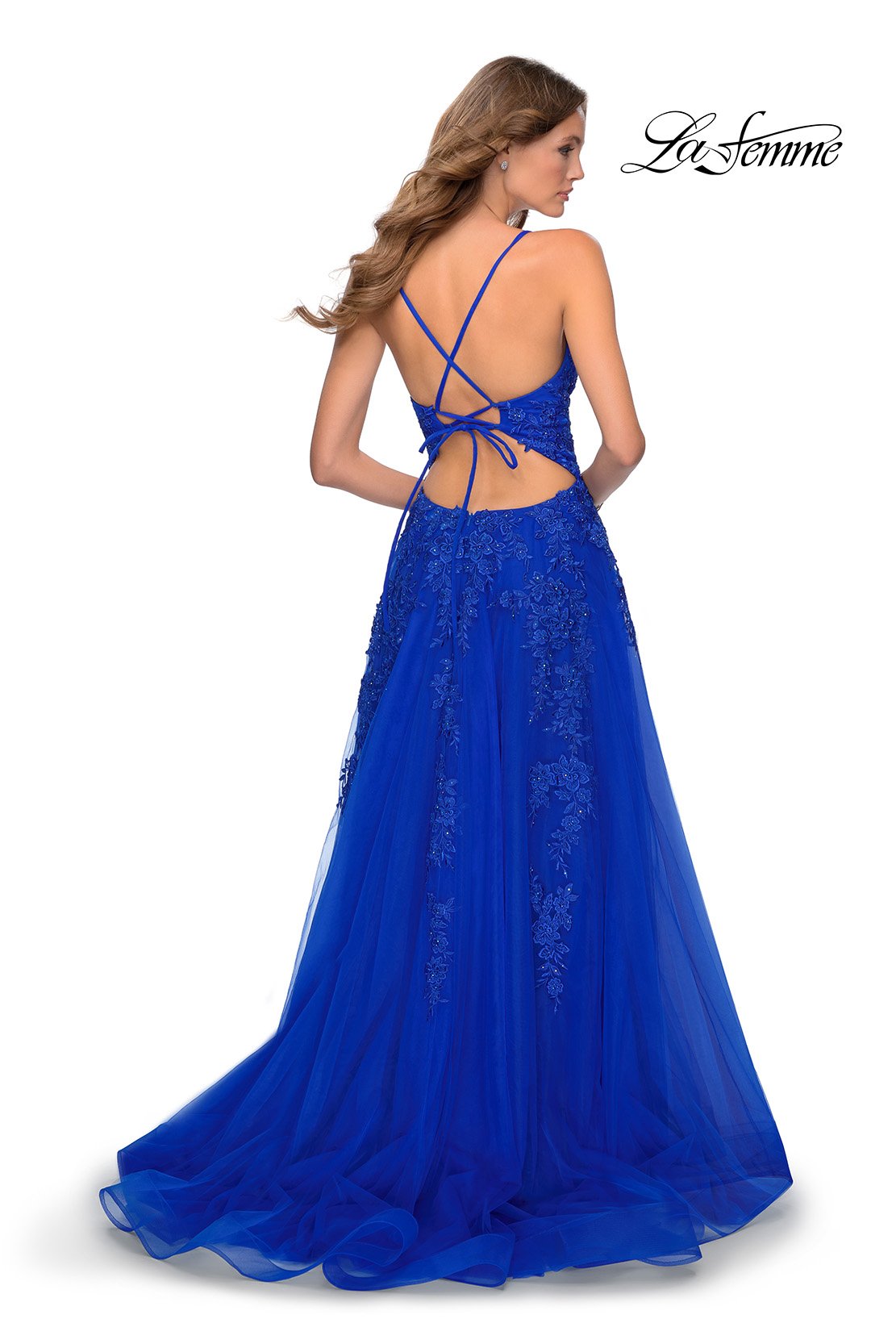 La Femme 28985 prom dress images. La Femme 28985 is available in these colors: Dark Emerald, Red, Royal Blue.