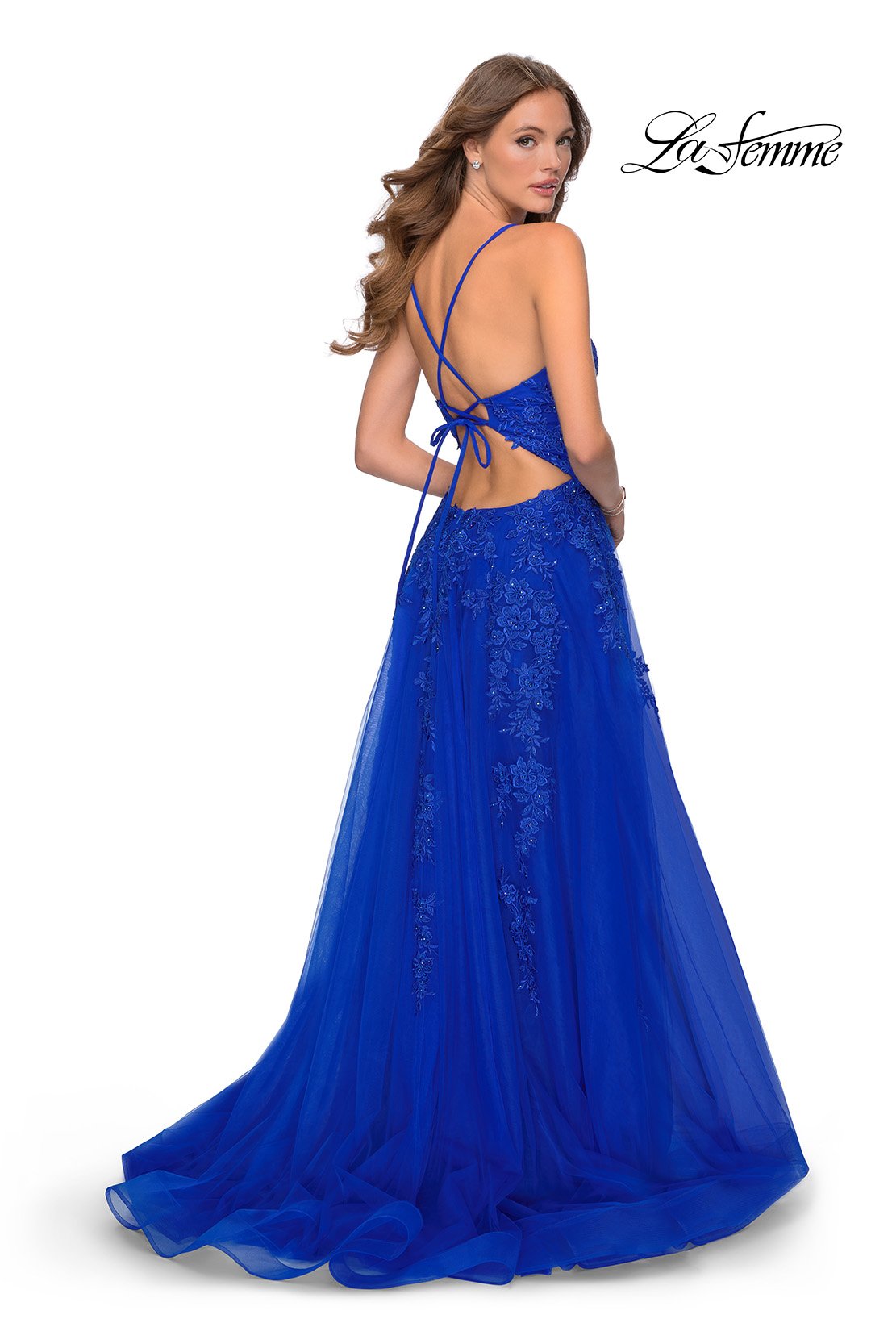 La Femme 28985 prom dress images. La Femme 28985 is available in these colors: Dark Emerald, Red, Royal Blue.