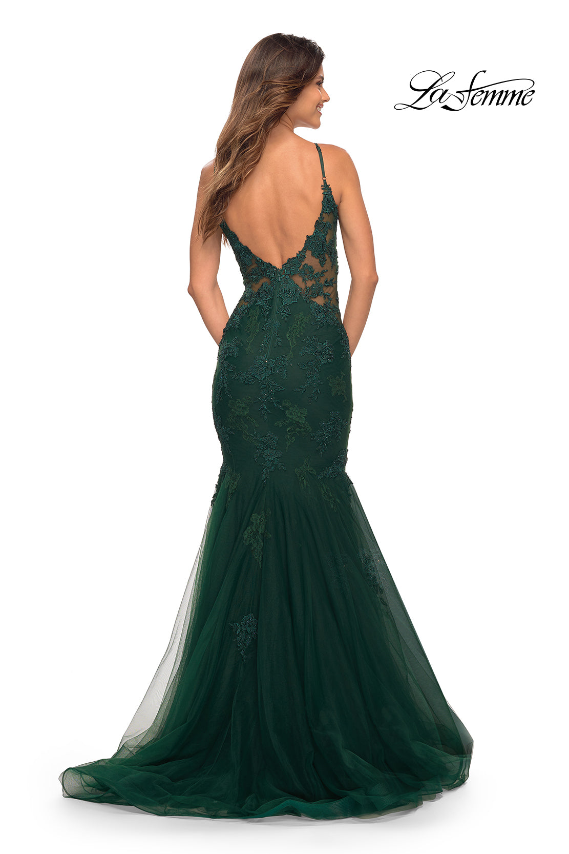 La Femme 29680 prom dress images. La Femme 29680 is available in these colors: Burgundy, Dark Emerald, Navy.
