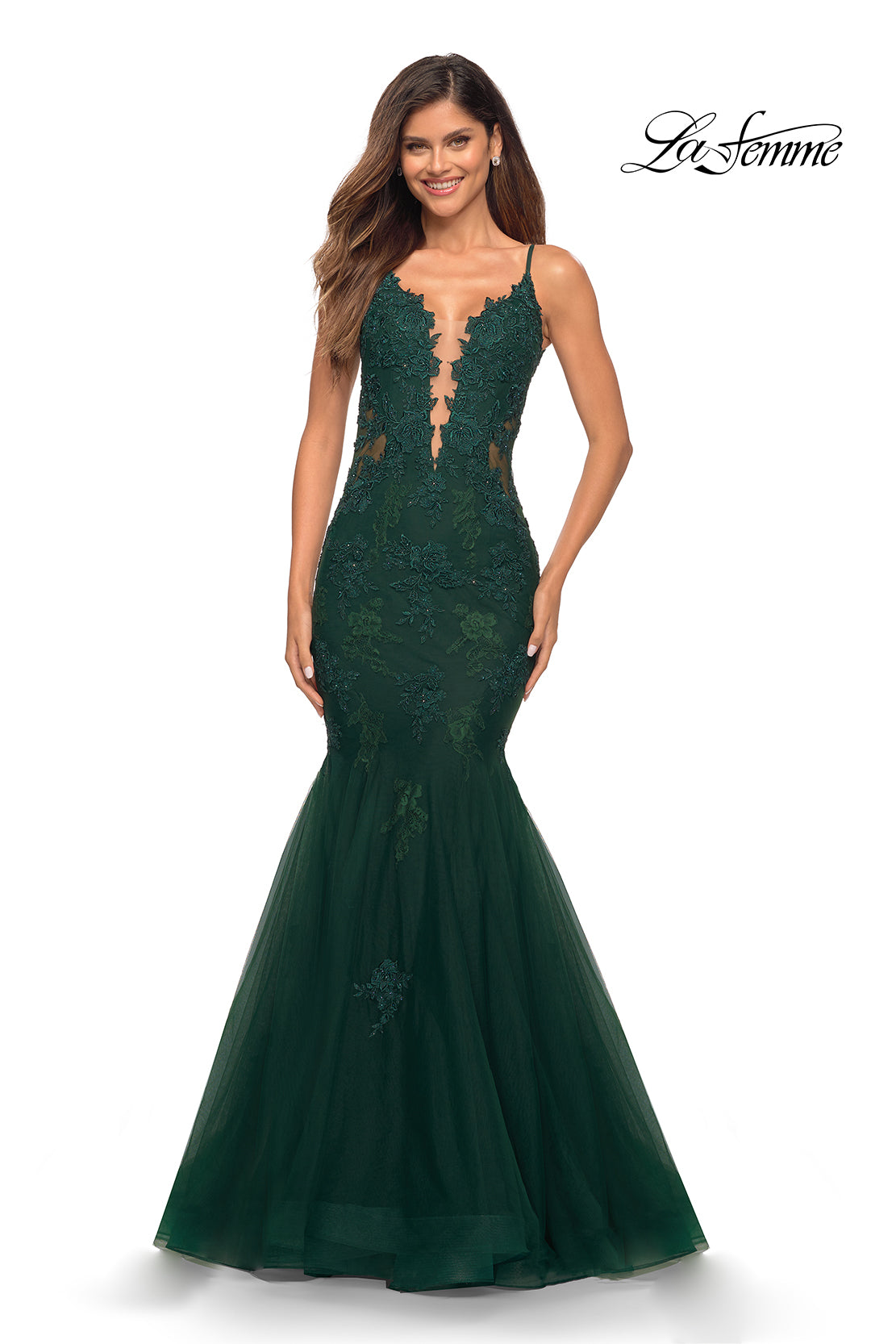 La Femme 29680 prom dress images. La Femme 29680 is available in these colors: Burgundy, Dark Emerald, Navy.
