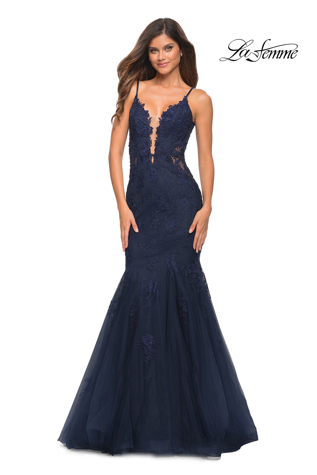 La Femme 29680 prom dress images. La Femme 29680 is available in these colors: Burgundy, Dark Emerald, Navy.