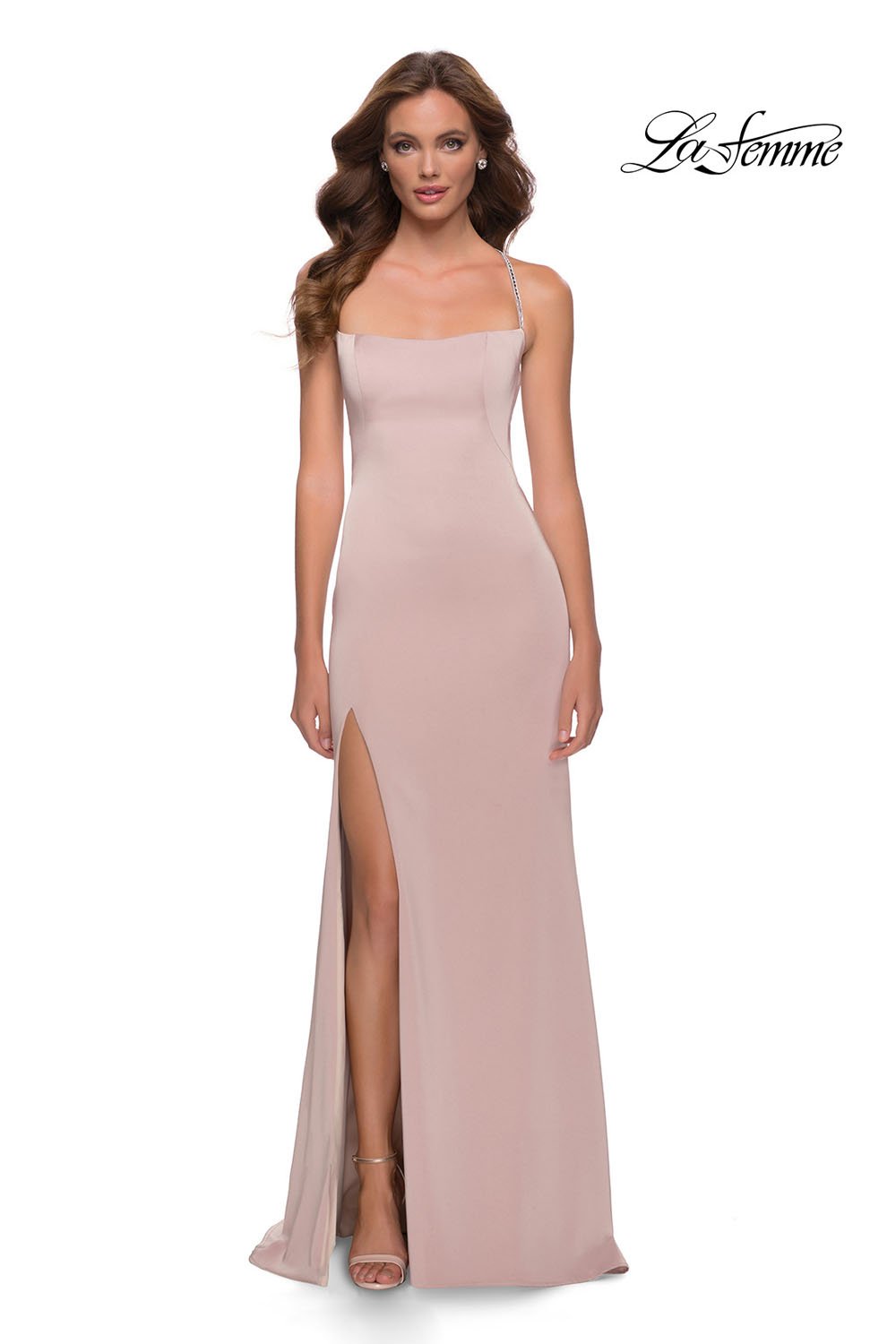 La Femme 29720 prom dress images. La Femme 29720 is available in these colors: Cloud Blue, Nude.
