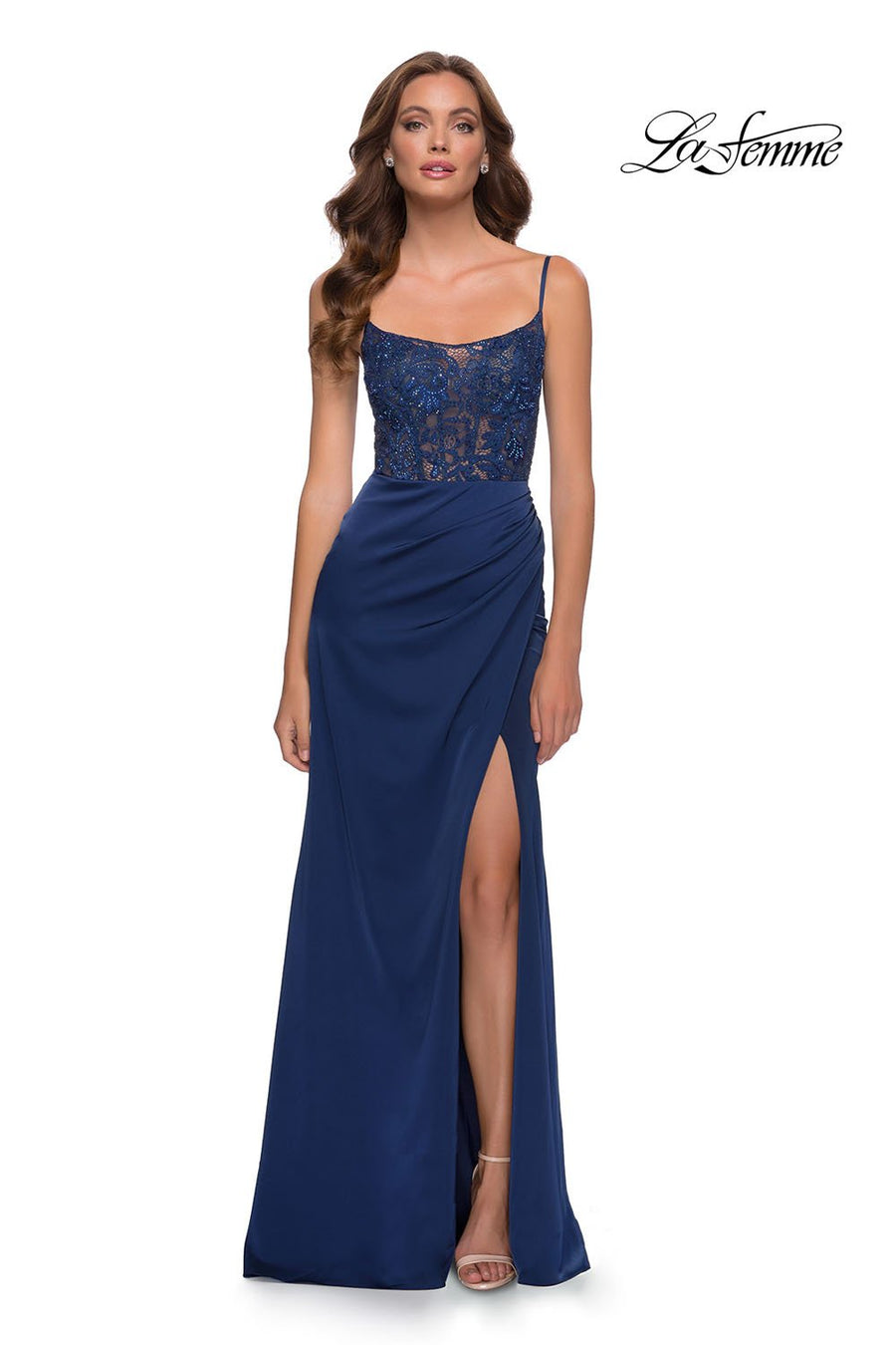 La Femme 29888 prom dress images.  La Femme 29888 is available in these colors: Navy.