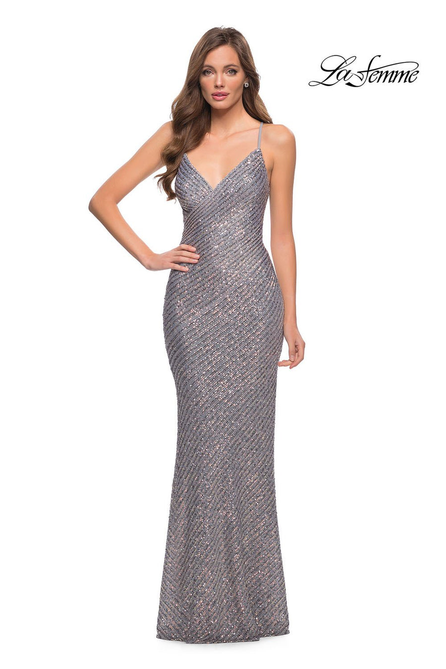 La Femme 29895 prom dress images.  La Femme 29895 is available in these colors: Silver.