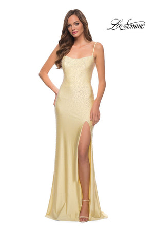 La Femme 29899 prom dress images.  La Femme 29899 is available in these colors: Light Periwinkle, Mauve, Pale Yellow.