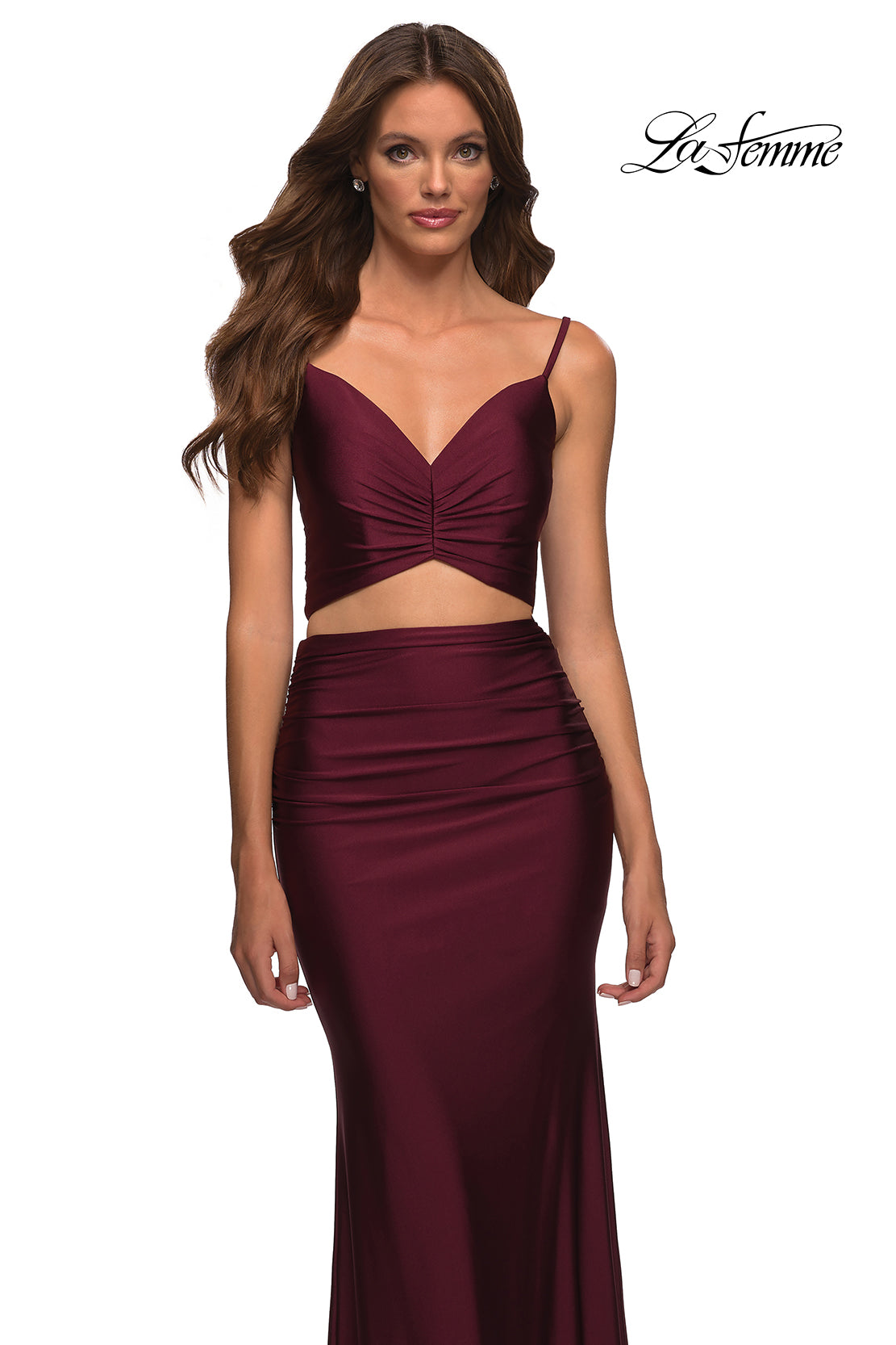 La Femme 29904 prom dress images. La Femme 29904 is available in these colors: Dark Berry.