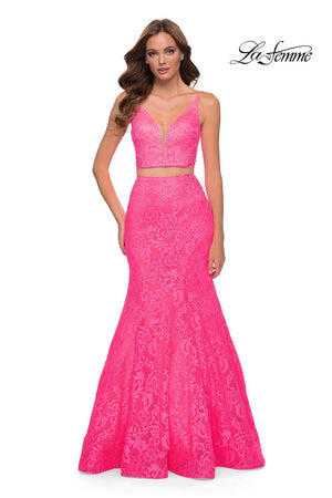 La Femme 29967 prom dress images.  La Femme 29967 is available in these colors: Neon Pink.