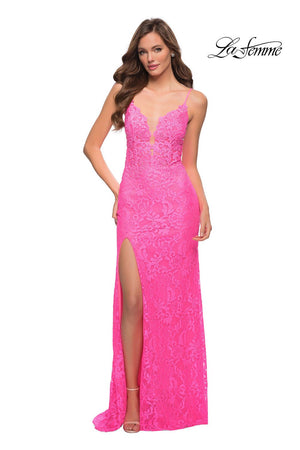 La Femme 29987 prom dress images.  La Femme 29987 is available in these colors: Neon Pink.