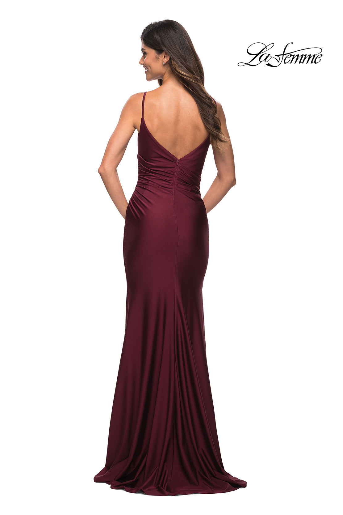 La Femme 30095 prom dress images. La Femme 30095 is available in these colors: Dark Berry, Dark Emerald, Navy.