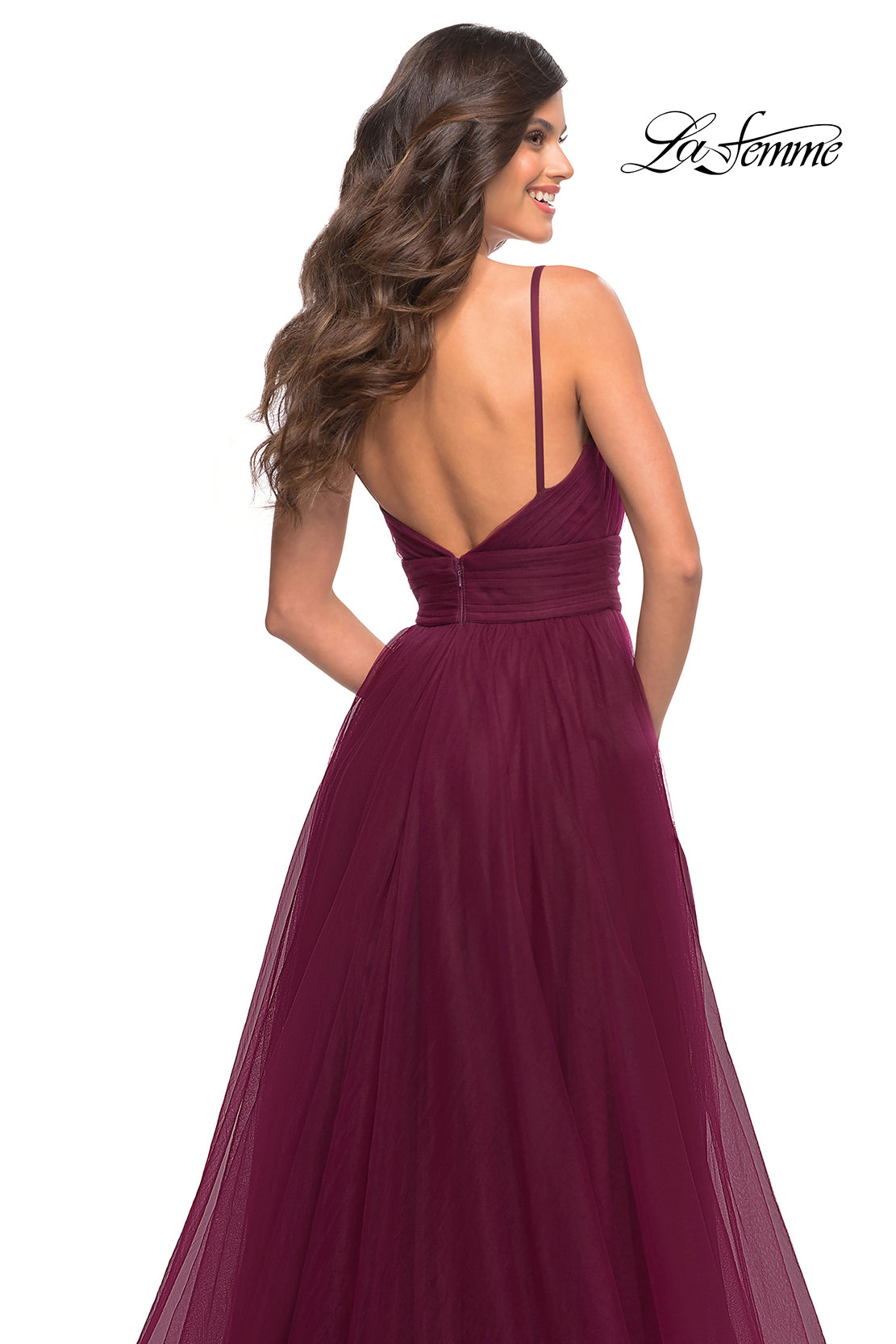 La Femme 30180 prom dress images. La Femme 30180 is available in these colors: Cloud Blue, Dark Berry, Dark Emerald, Dusty Mauve.