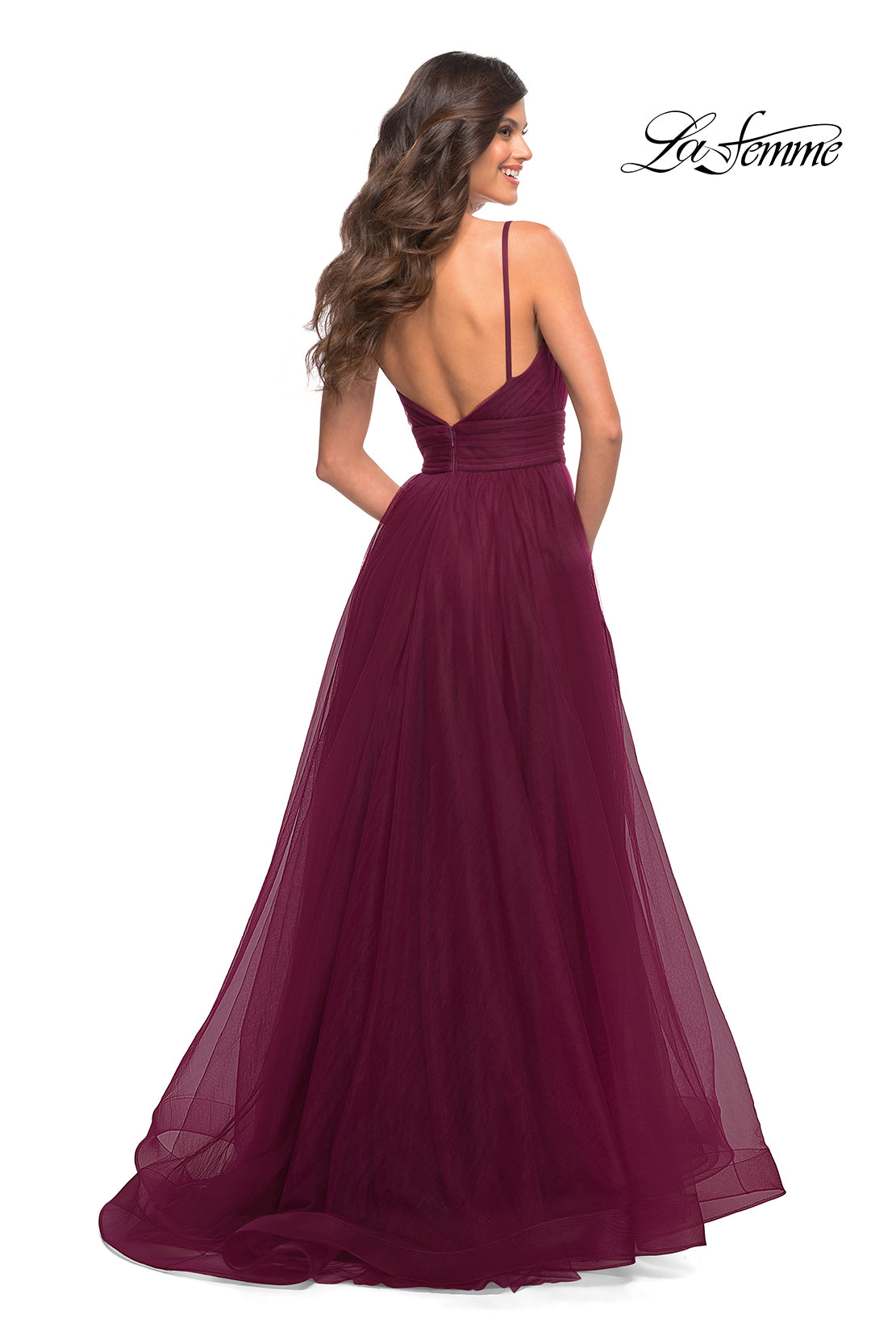 La Femme 30180 prom dress images. La Femme 30180 is available in these colors: Cloud Blue, Dark Berry, Dark Emerald, Dusty Mauve.