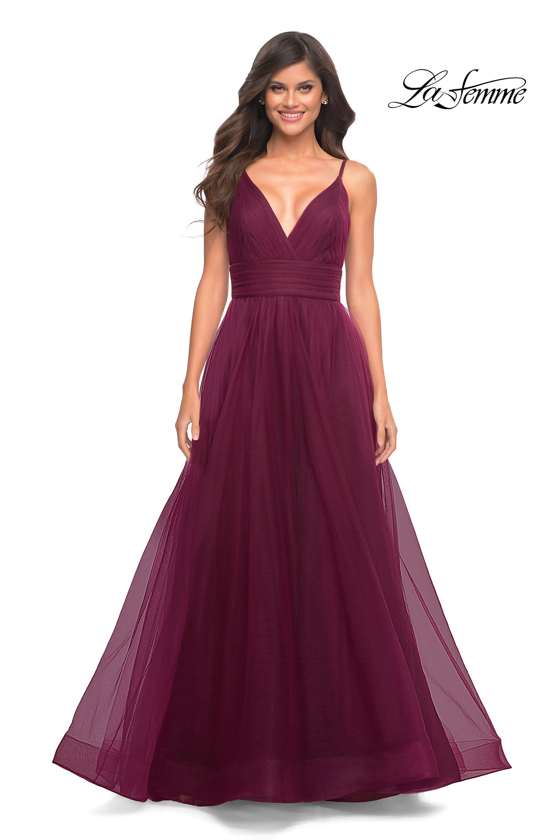 La Femme 30180 prom dress images. La Femme 30180 is available in these colors: Cloud Blue, Dark Berry, Dark Emerald, Dusty Mauve.