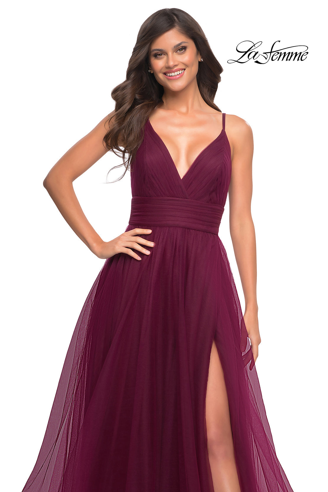 La Femme 30180 prom dress images. La Femme 30180 is available in these colors: Cloud Blue, Dark Berry, Dark Emerald, Dusty Mauve.