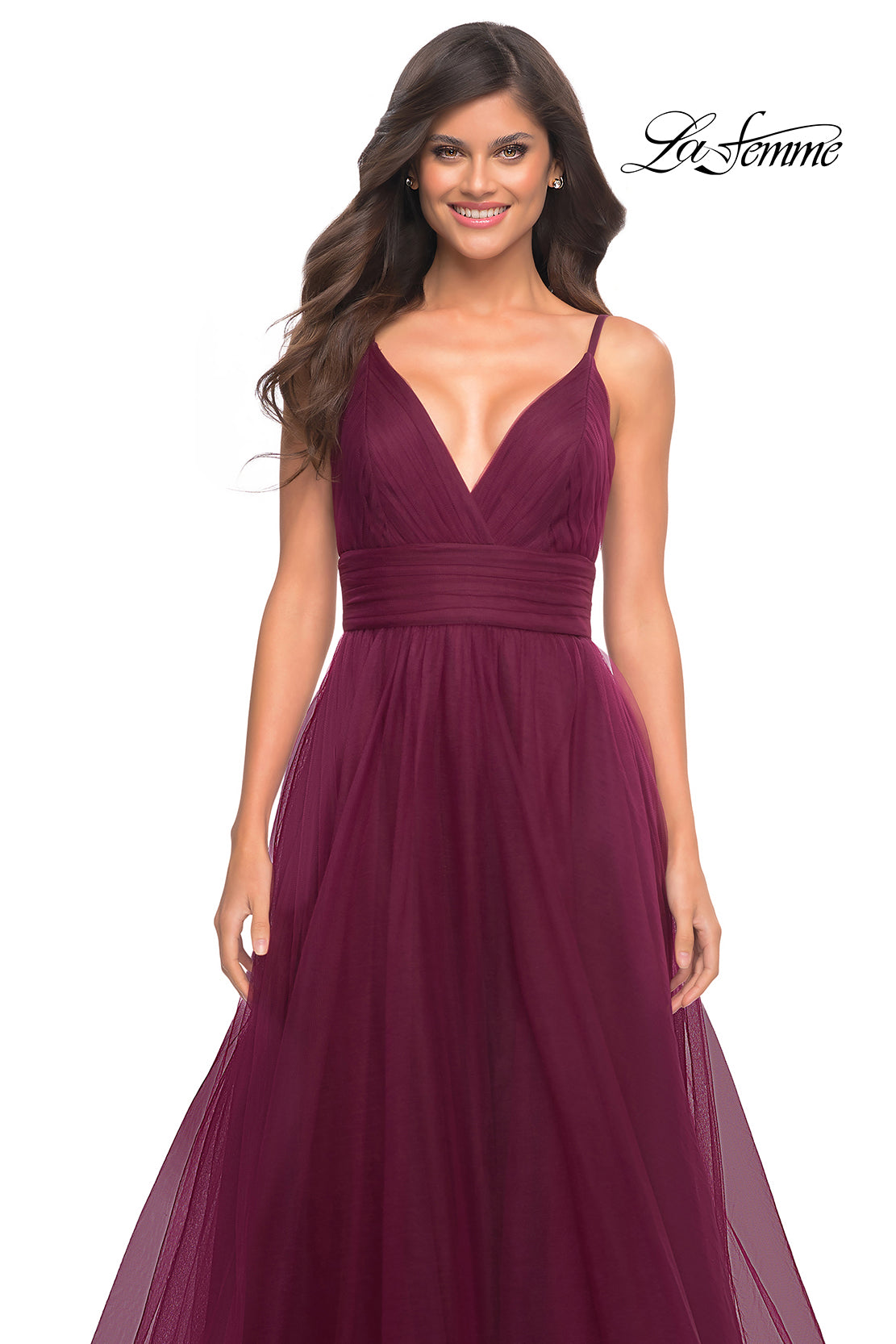 La Femme 30180 prom dress images. La Femme 30180 is available in these colors: Cloud Blue, Dark Berry, Dark Emerald, Dusty Mauve.