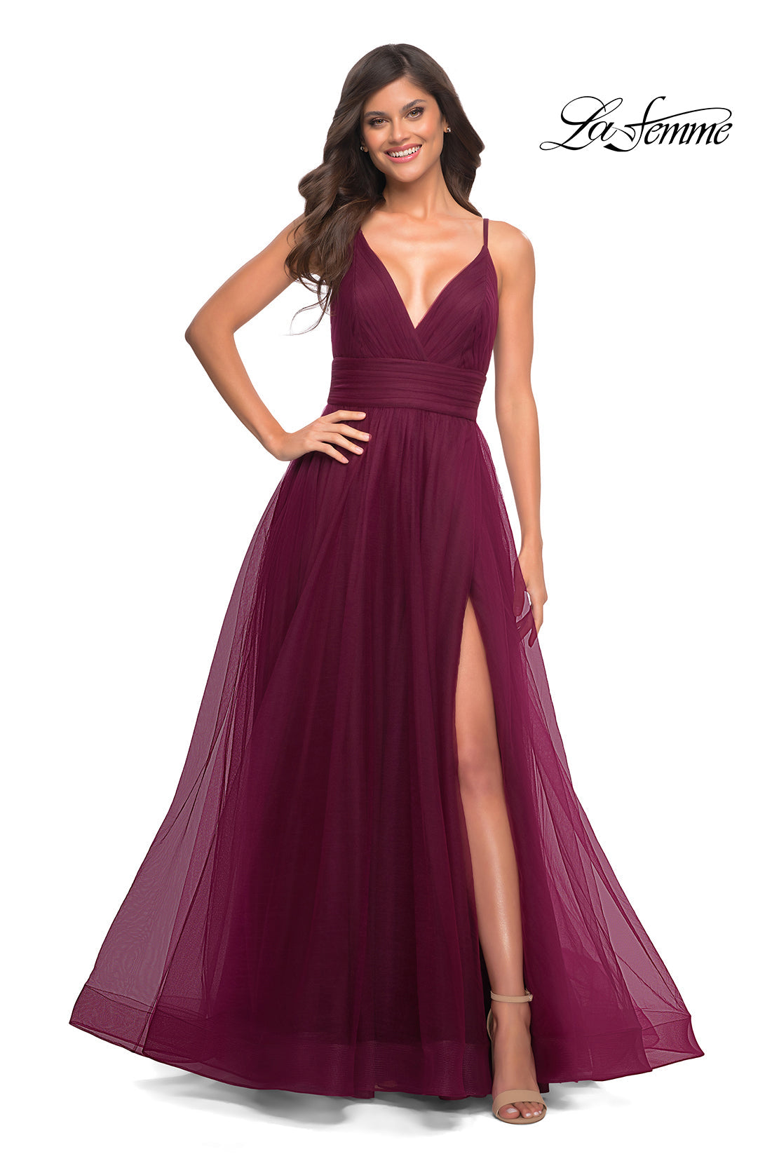 La Femme 30180 prom dress images. La Femme 30180 is available in these colors: Cloud Blue, Dark Berry, Dark Emerald, Dusty Mauve.