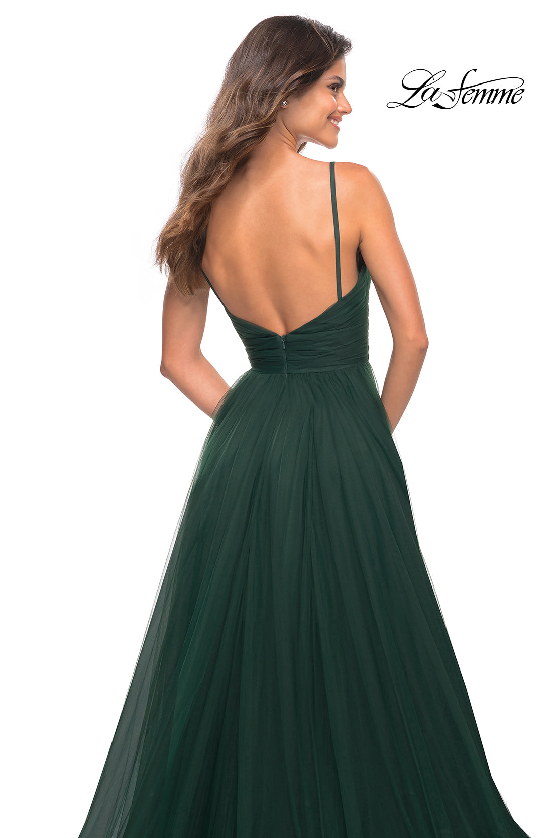 La Femme 30180 prom dress images. La Femme 30180 is available in these colors: Cloud Blue, Dark Berry, Dark Emerald, Dusty Mauve.