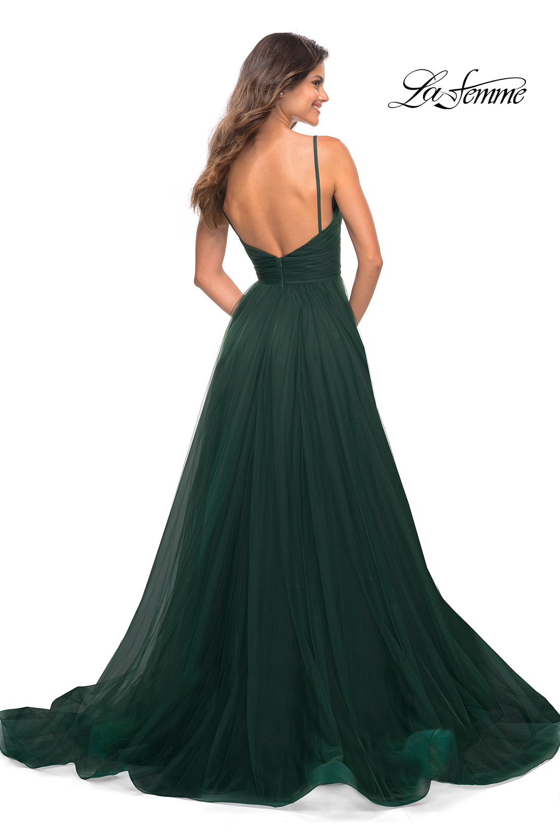 La Femme 30180 prom dress images. La Femme 30180 is available in these colors: Cloud Blue, Dark Berry, Dark Emerald, Dusty Mauve.