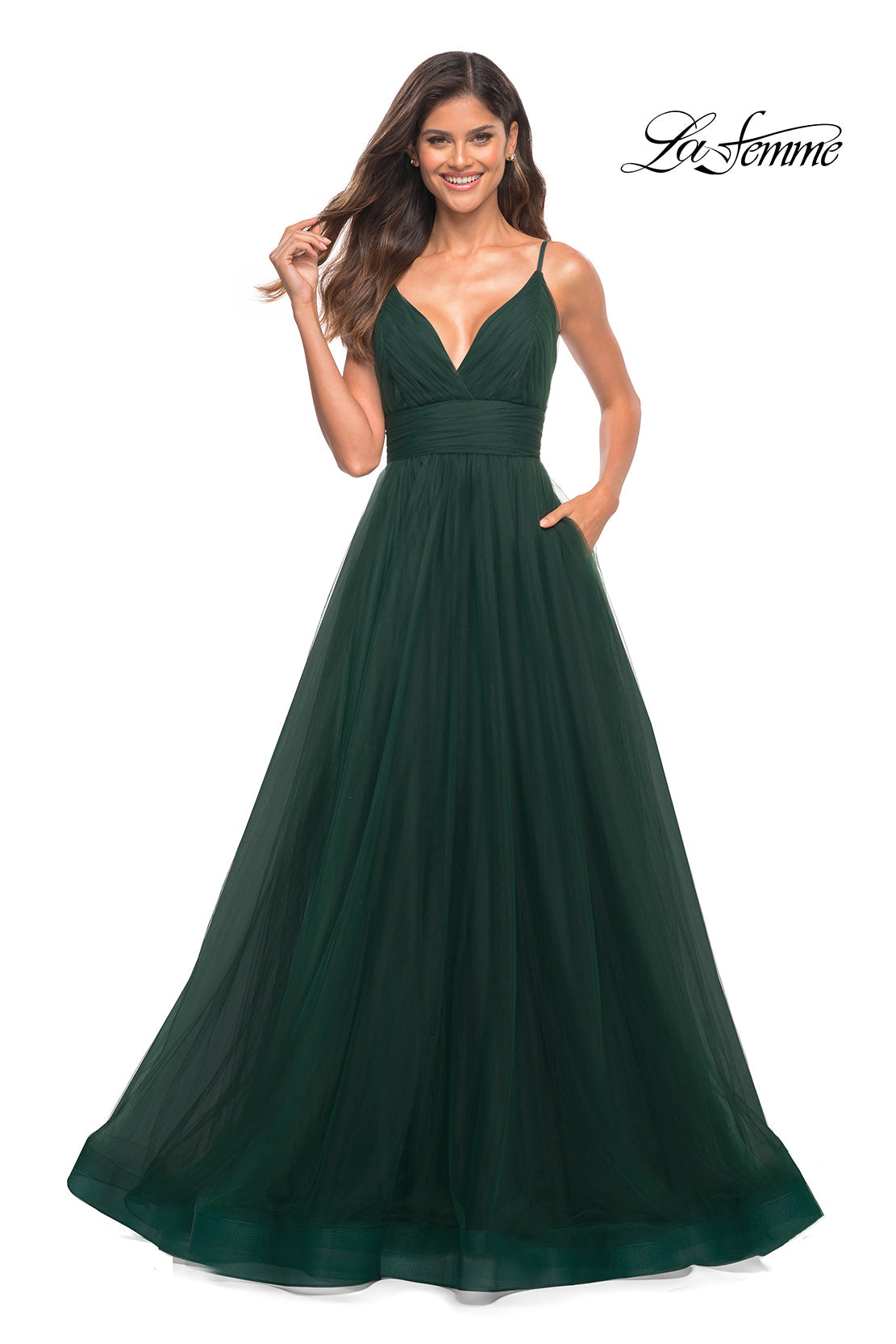 La Femme 30180 prom dress images. La Femme 30180 is available in these colors: Cloud Blue, Dark Berry, Dark Emerald, Dusty Mauve.