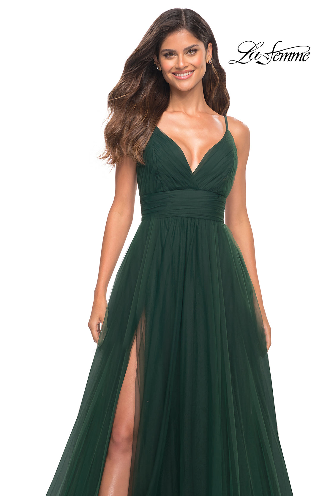 La Femme 30180 prom dress images. La Femme 30180 is available in these colors: Cloud Blue, Dark Berry, Dark Emerald, Dusty Mauve.