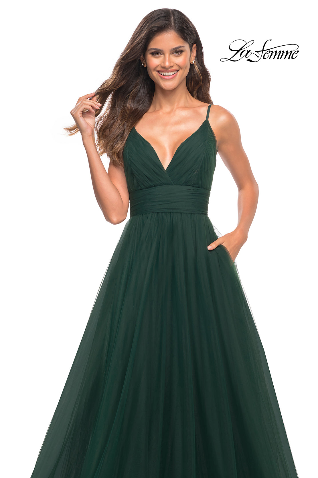La Femme 30180 prom dress images. La Femme 30180 is available in these colors: Cloud Blue, Dark Berry, Dark Emerald, Dusty Mauve.