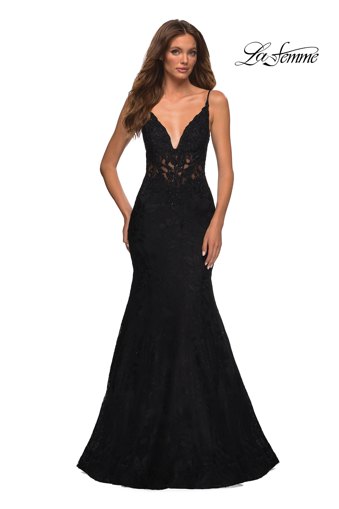 La Femme 30320 prom dress images. La Femme 30320 is available in these colors: Black, Dark Emerald, Light Periwinkle, Red, Royal Blue.