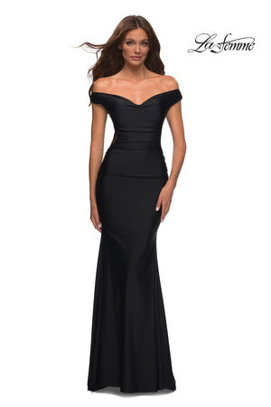 La Femme 30449 prom dress images.  La Femme 30449 is available in these colors: Black, Dark Emerald, Dark Wine.