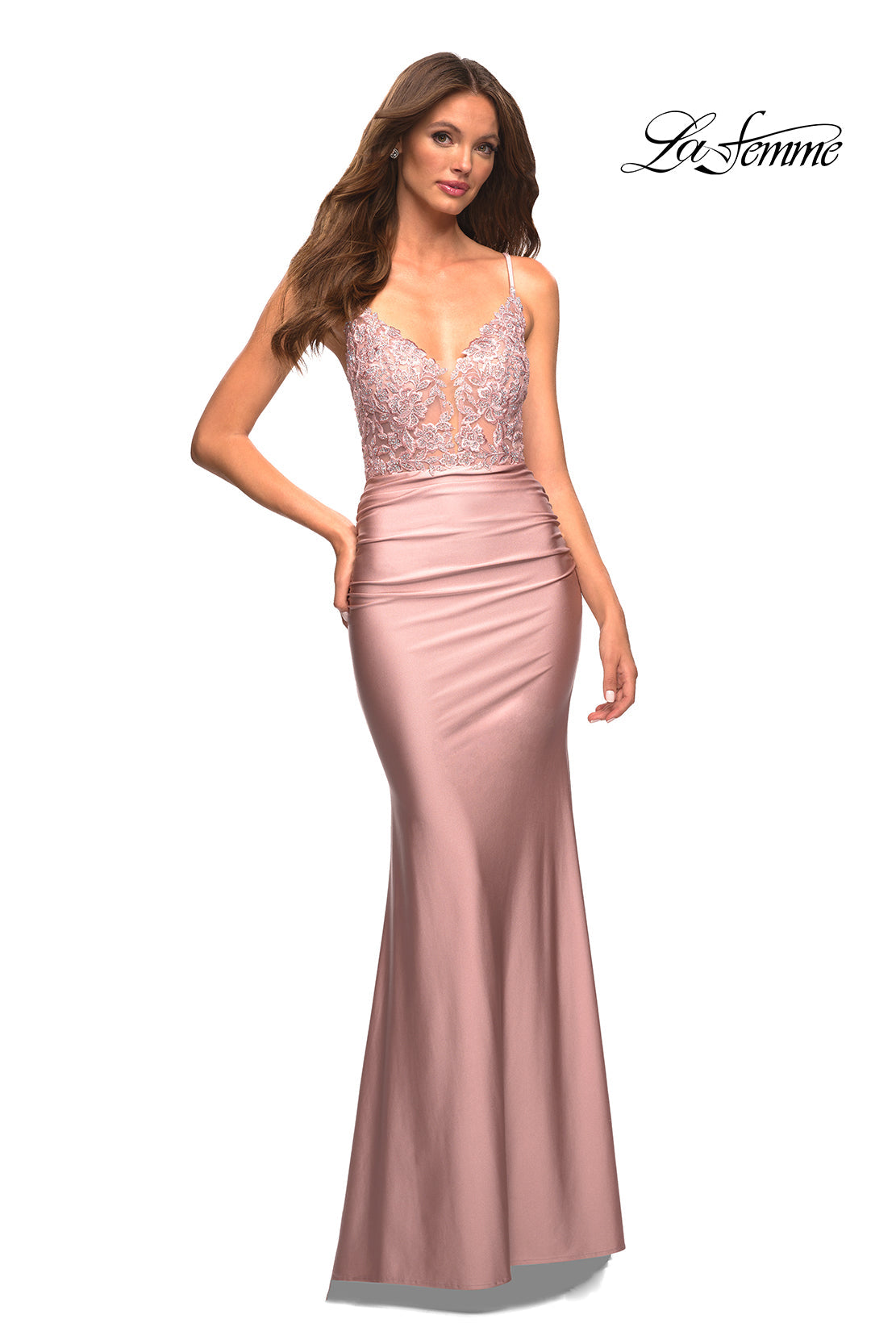 La Femme 30466 prom dress images. La Femme 30466 is available in these colors: Black, Light Gold, Light Periwinkle, Mauve, Royal Blue, Silver.