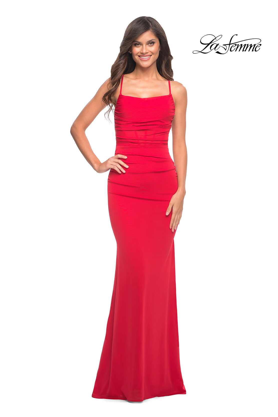 La Femme 30493 prom dress images. La Femme 30493 is available in these colors: Emerald, Navy, Red.