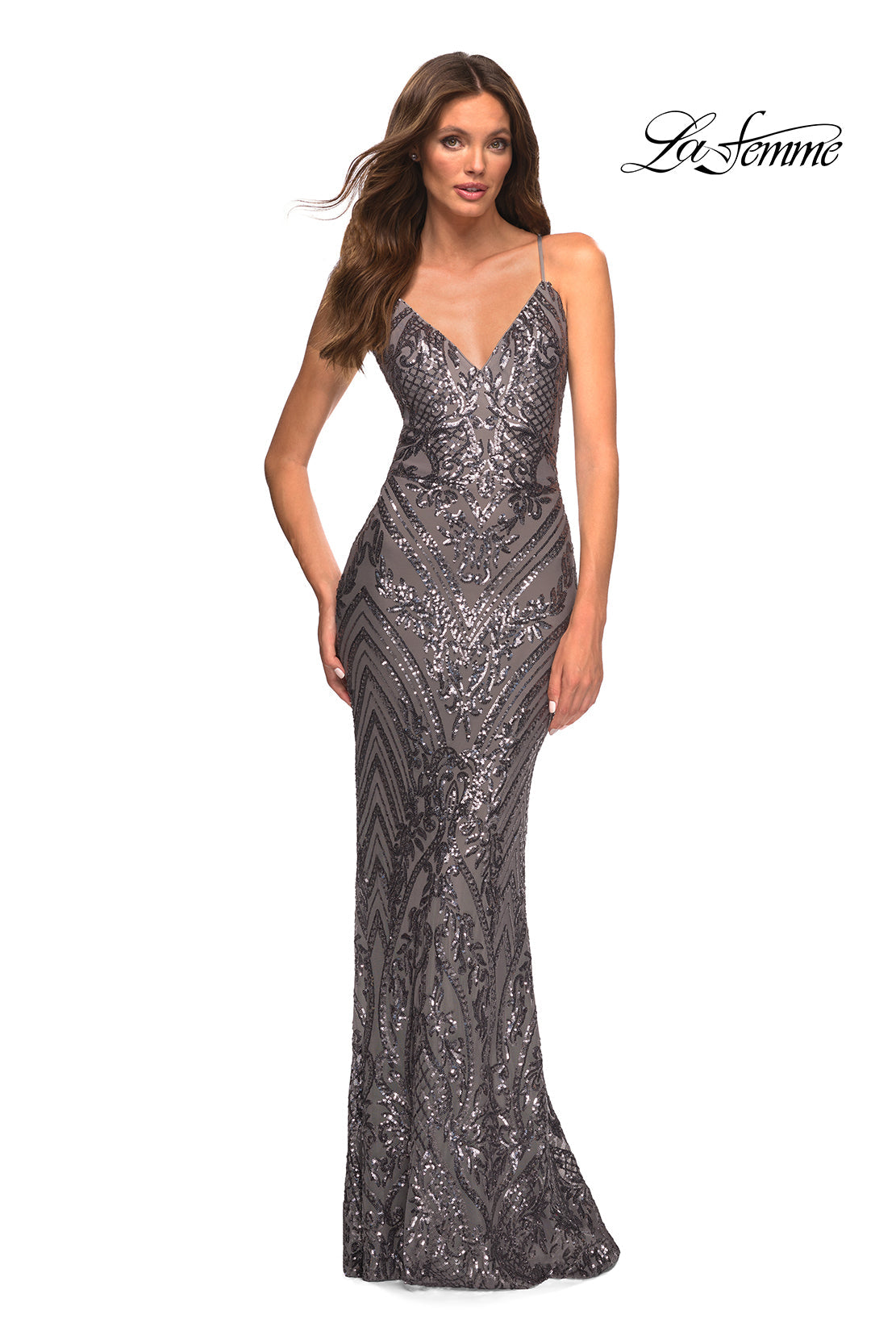 La Femme 30496 prom dress images. La Femme 30496 is available in these colors: Dark Berry, Dark Emerald, Gunmetal, Navy.
