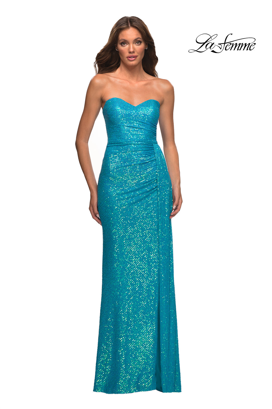 La Femme 30497 prom dress images. La Femme 30497 is available in these colors: Aqua, Champagne, Light Periwinkle.