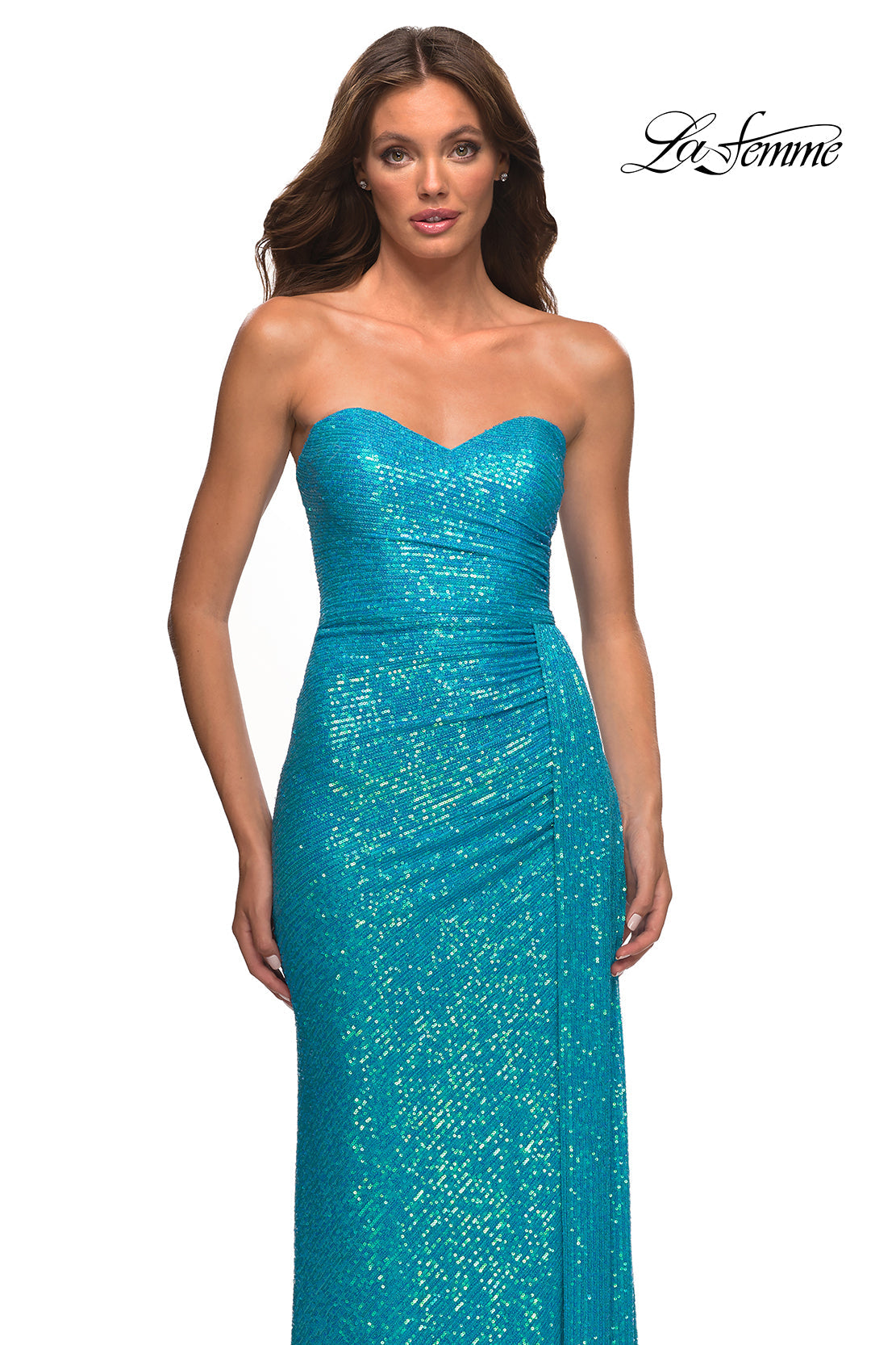 La Femme 30497 prom dress images. La Femme 30497 is available in these colors: Aqua, Champagne, Light Periwinkle.