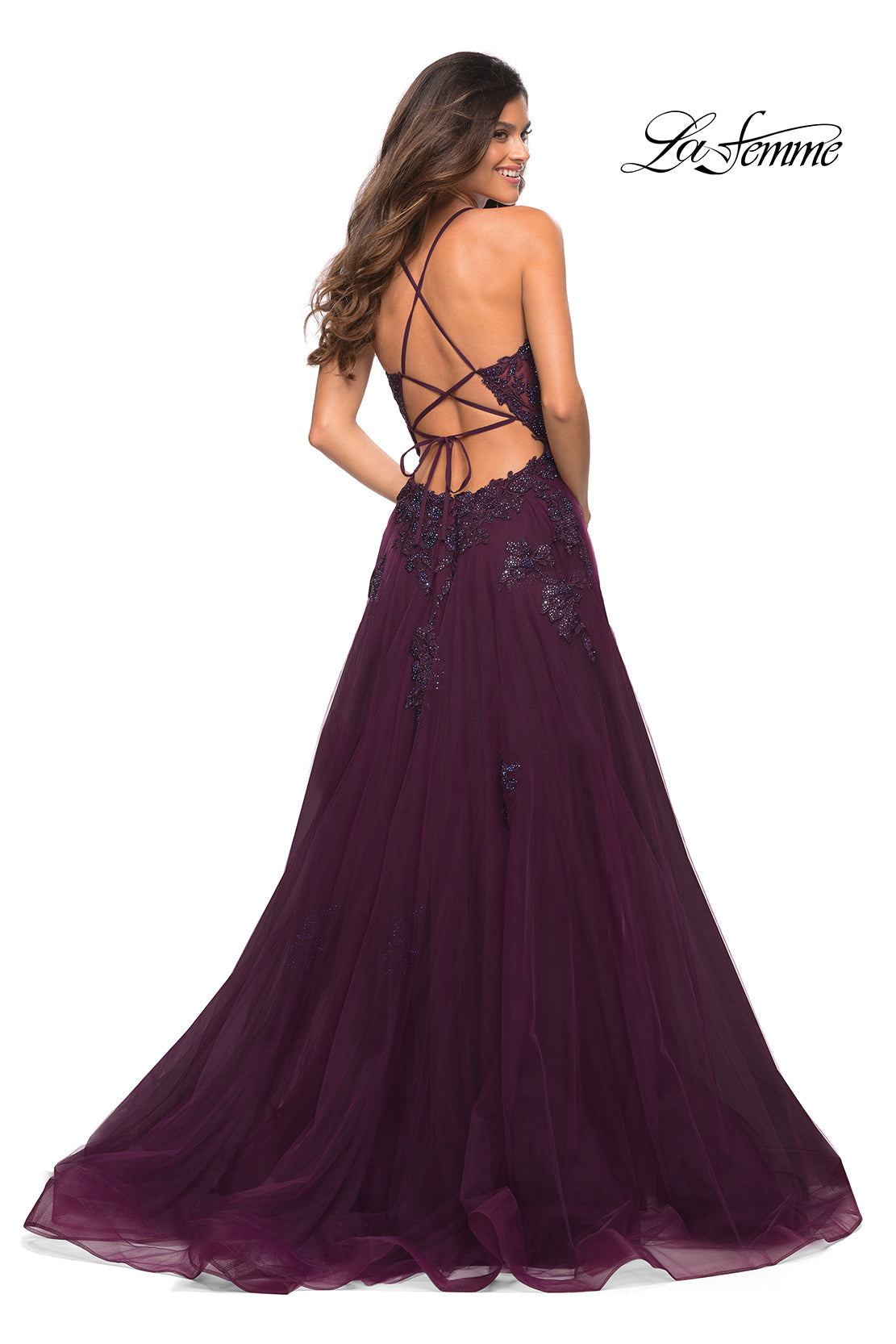 La Femme 30560 prom dress images. La Femme 30560 is available in these colors: Dark Berry, Dusty Mauve, Lilac Mist, Sage.