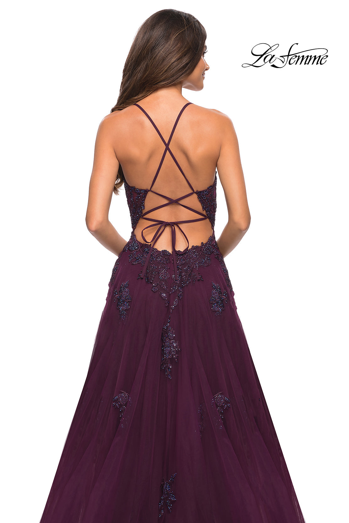 La Femme 30560 prom dress images. La Femme 30560 is available in these colors: Dark Berry, Dusty Mauve, Lilac Mist, Sage.