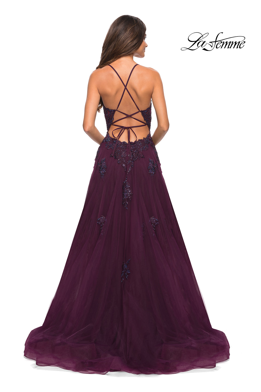 La Femme 30560 prom dress images. La Femme 30560 is available in these colors: Dark Berry, Dusty Mauve, Lilac Mist, Sage.